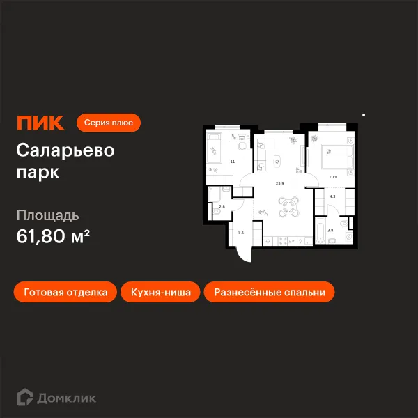 Планировка 2 комн. в ЖК Саларьево парк