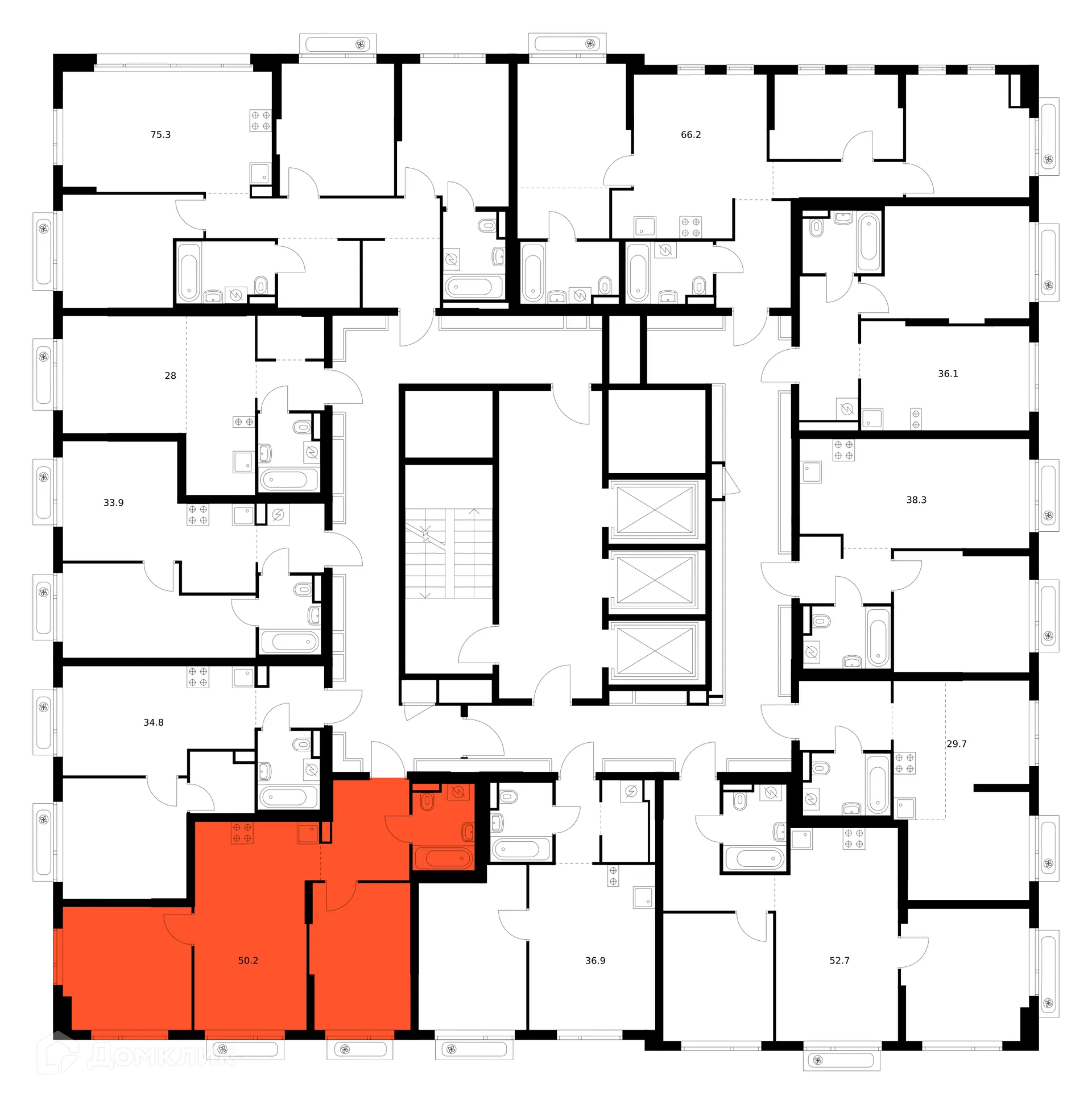 Планировка 2-комнатной квартиры 50.2 м² в ЖК Зелёный парк, г. Москва — фото 2
