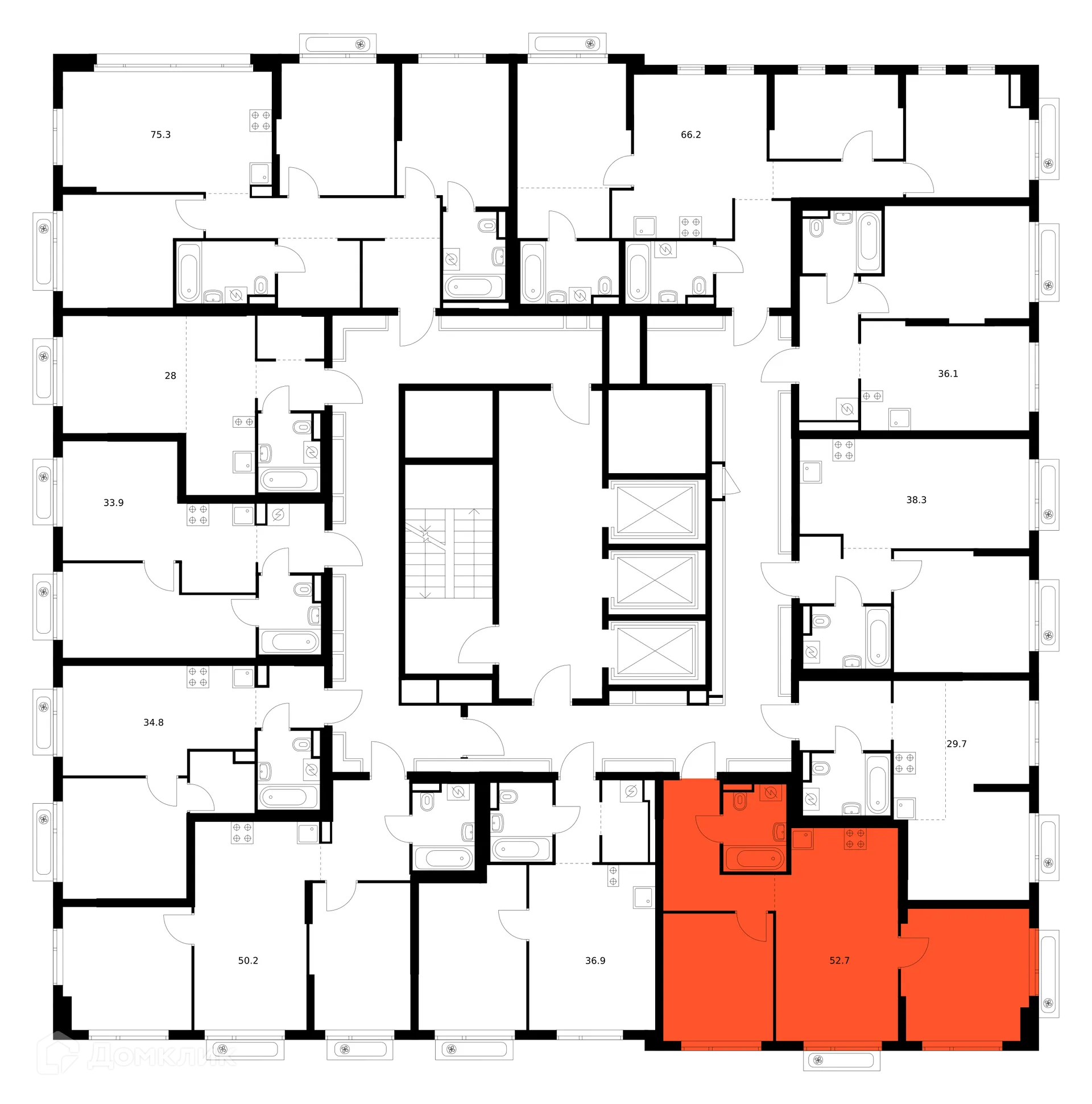 Планировка 2-комнатной квартиры 52.7 м² в ЖК Зелёный парк, г. Москва — фото 2