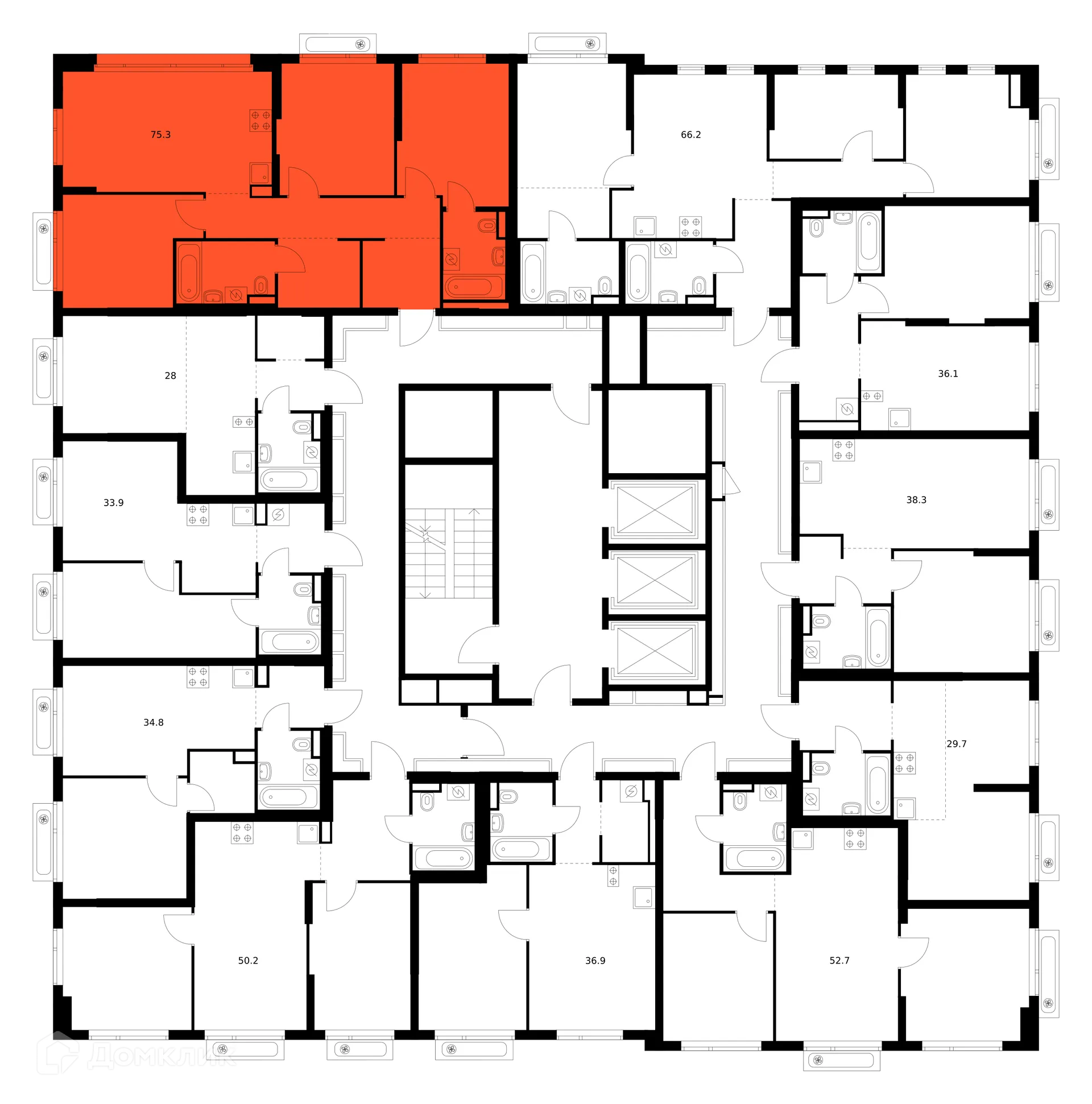 Планировка 3-комнатной квартиры 75.3 м² в ЖК Зелёный парк, г. Москва — фото 2