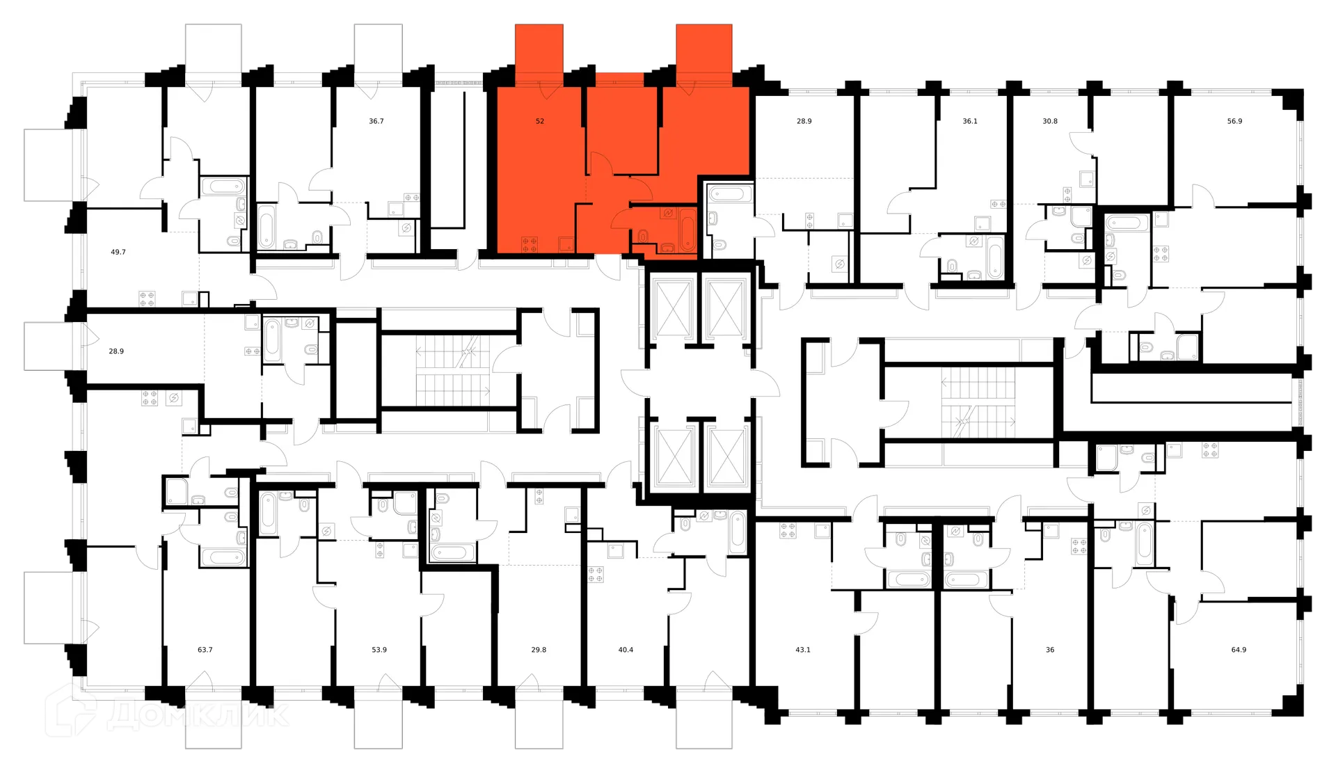 Планировка 2-комнатной квартиры 52 м² в ЖК Зелёный парк, г. Москва — фото 2
