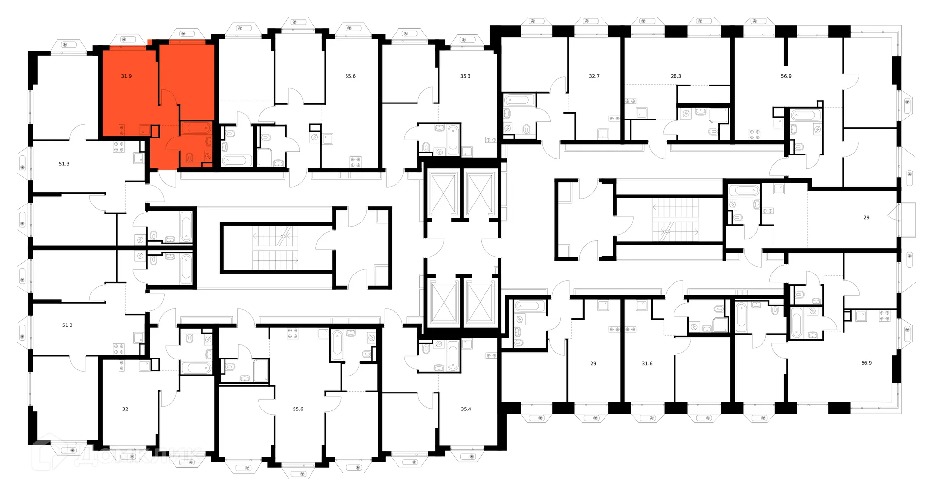 Планировка 1-комнатной квартиры 31.9 м² в ЖК Зелёный парк, г. Москва — фото 2