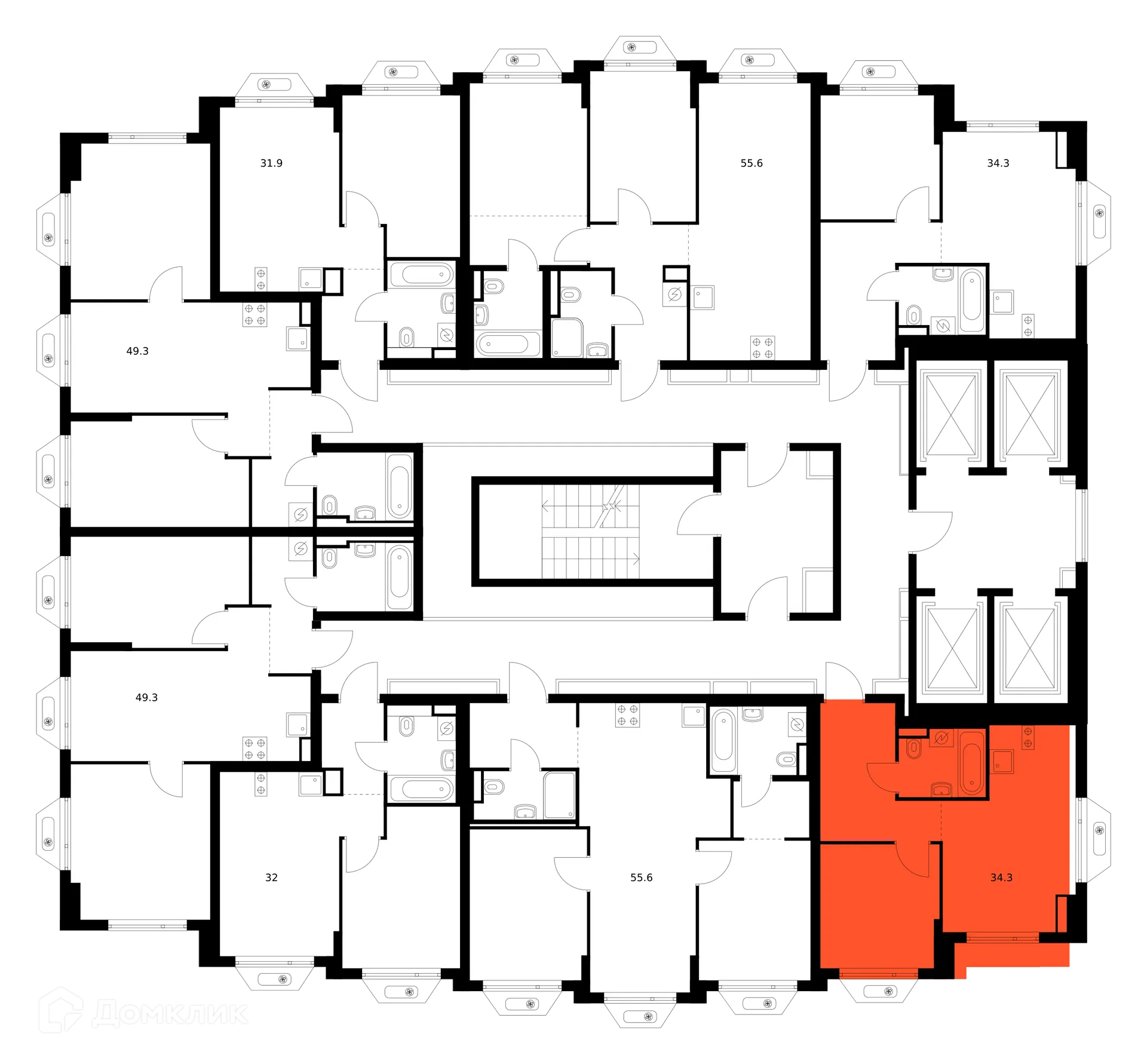 Планировка 1-комнатной квартиры 34.3 м² в ЖК Зелёный парк, г. Москва — фото 2