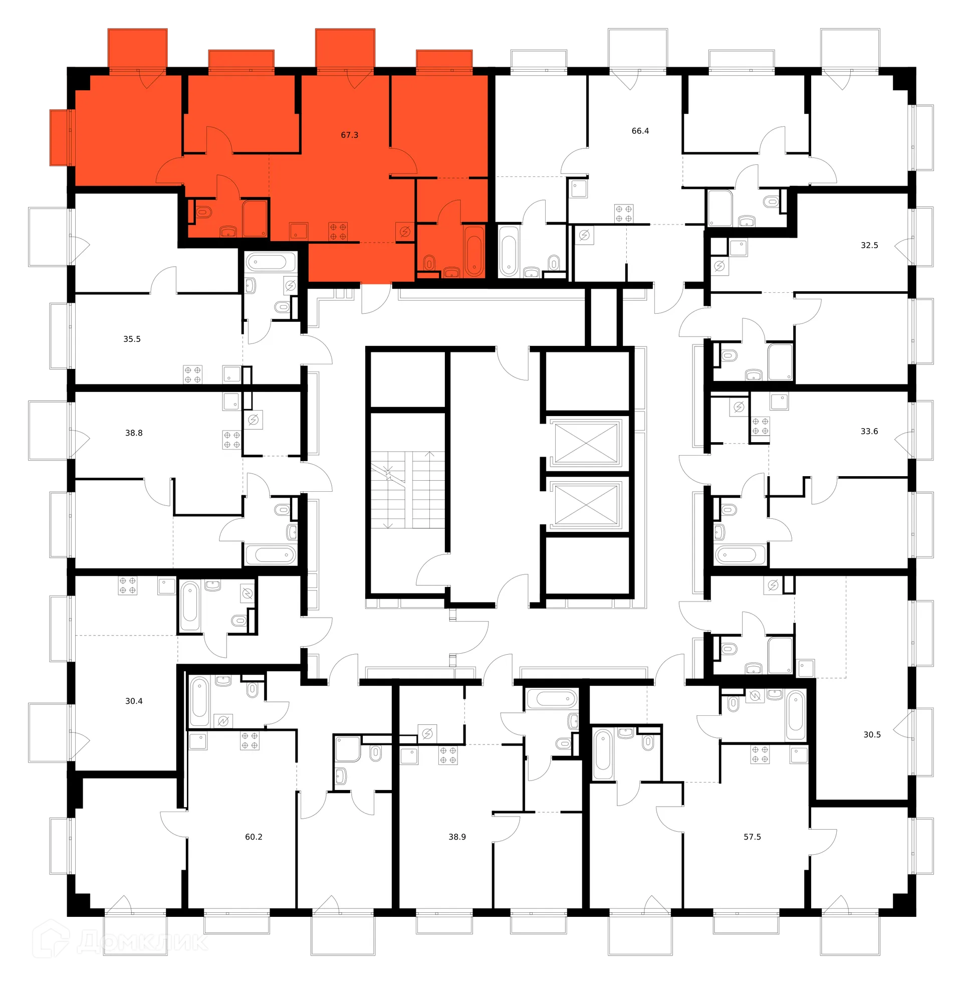 Планировка 3-комнатной квартиры 67.3 м² в ЖК Зелёный парк, г. Москва — фото 2