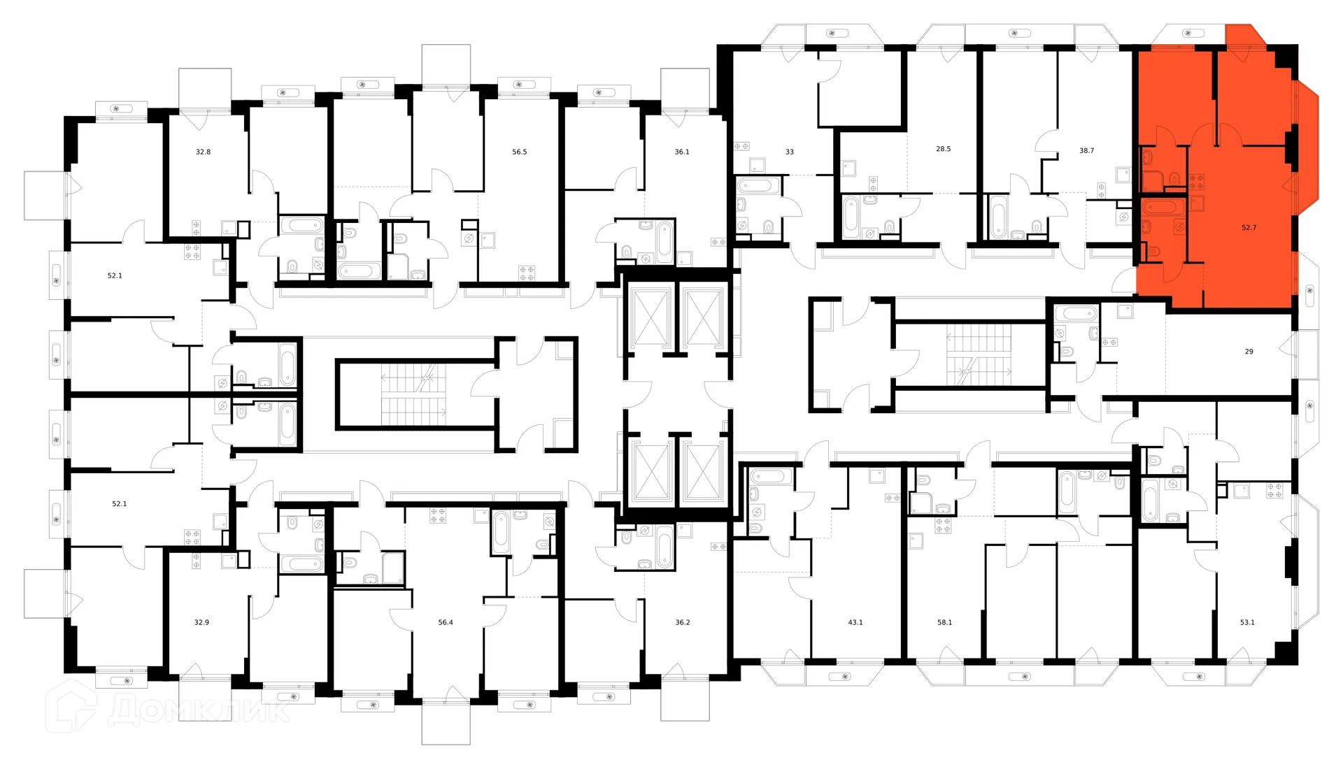 Планировка 2-комнатной квартиры 52.7 м² в ЖК Зелёный парк, г. Москва — фото 2