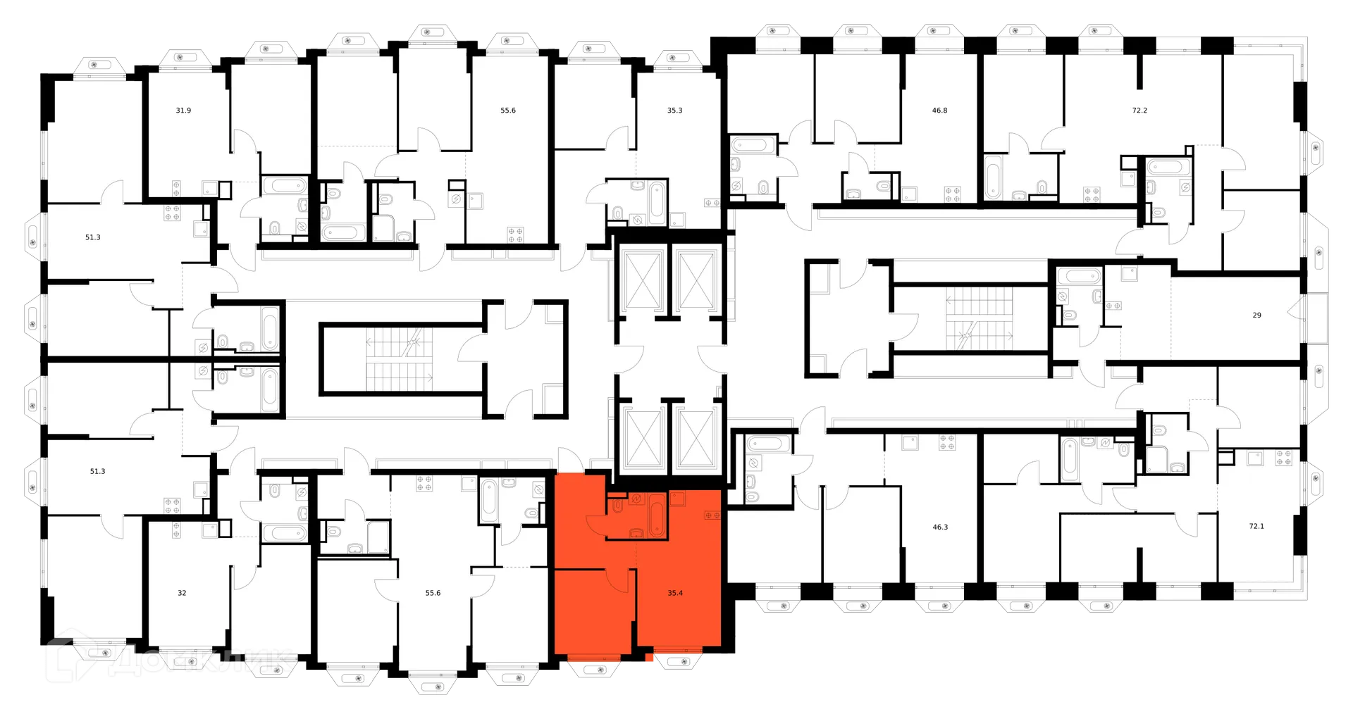 Планировка 1-комнатной квартиры 35.4 м² в ЖК Зелёный парк, г. Москва — фото 2