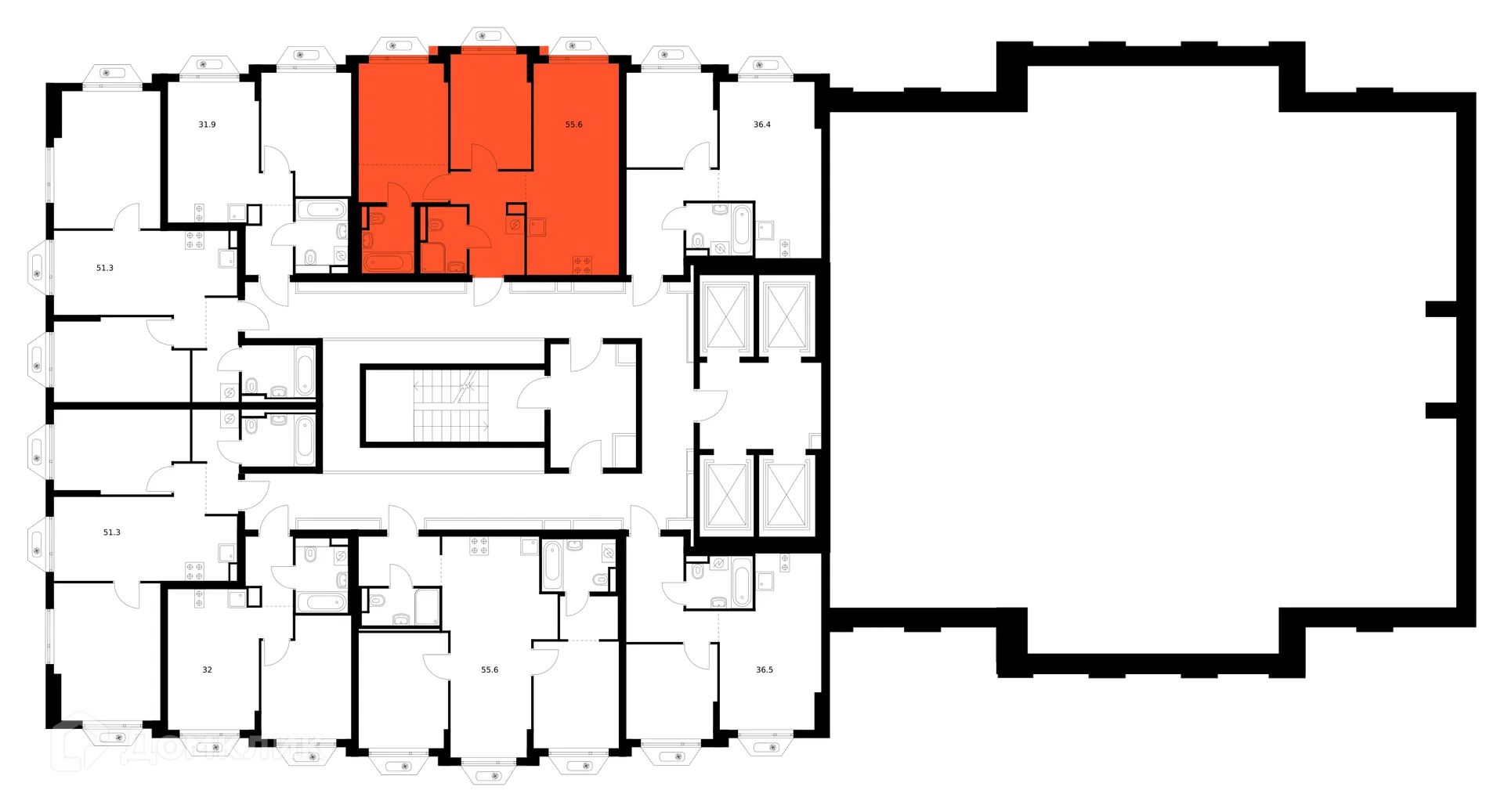 Планировка 2-комнатной квартиры 55.6 м² в ЖК Зелёный парк, г. Москва — фото 2