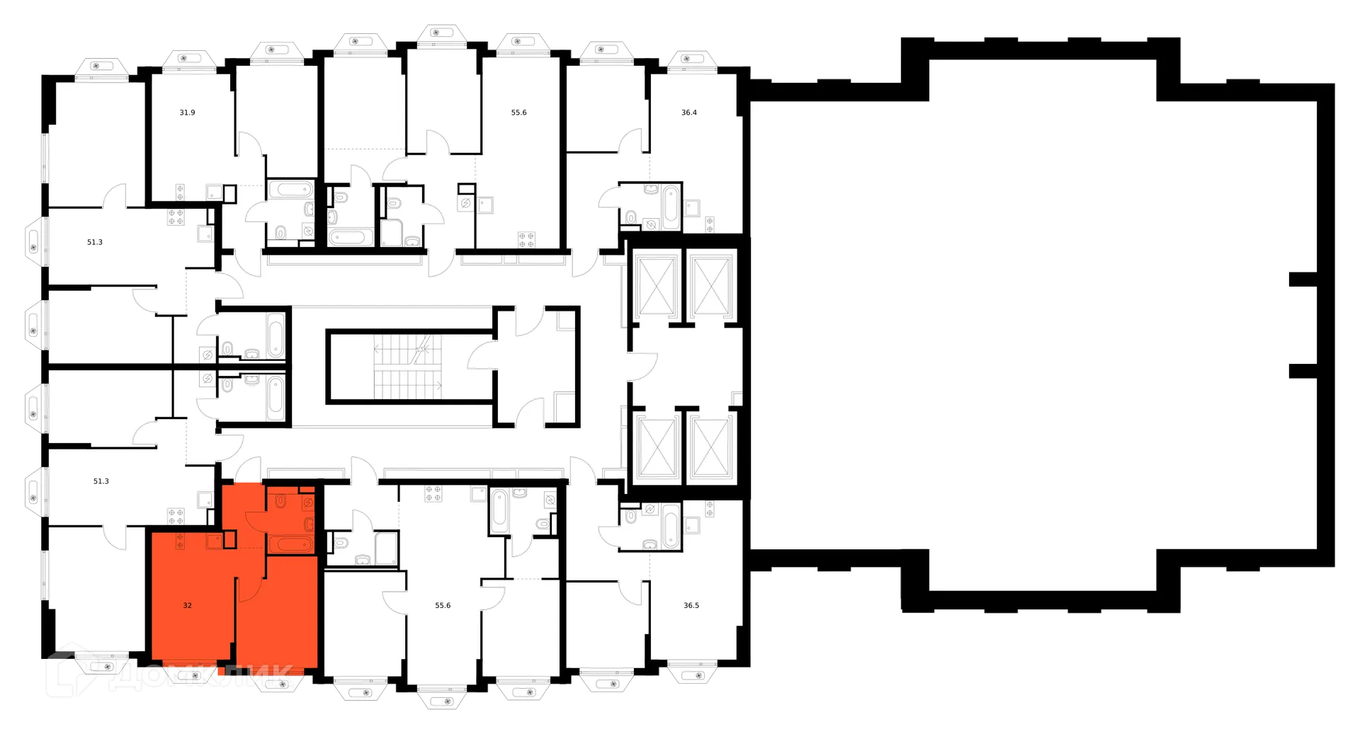 Планировка 1-комнатной квартиры 32 м² в ЖК Зелёный парк, г. Москва — фото 2