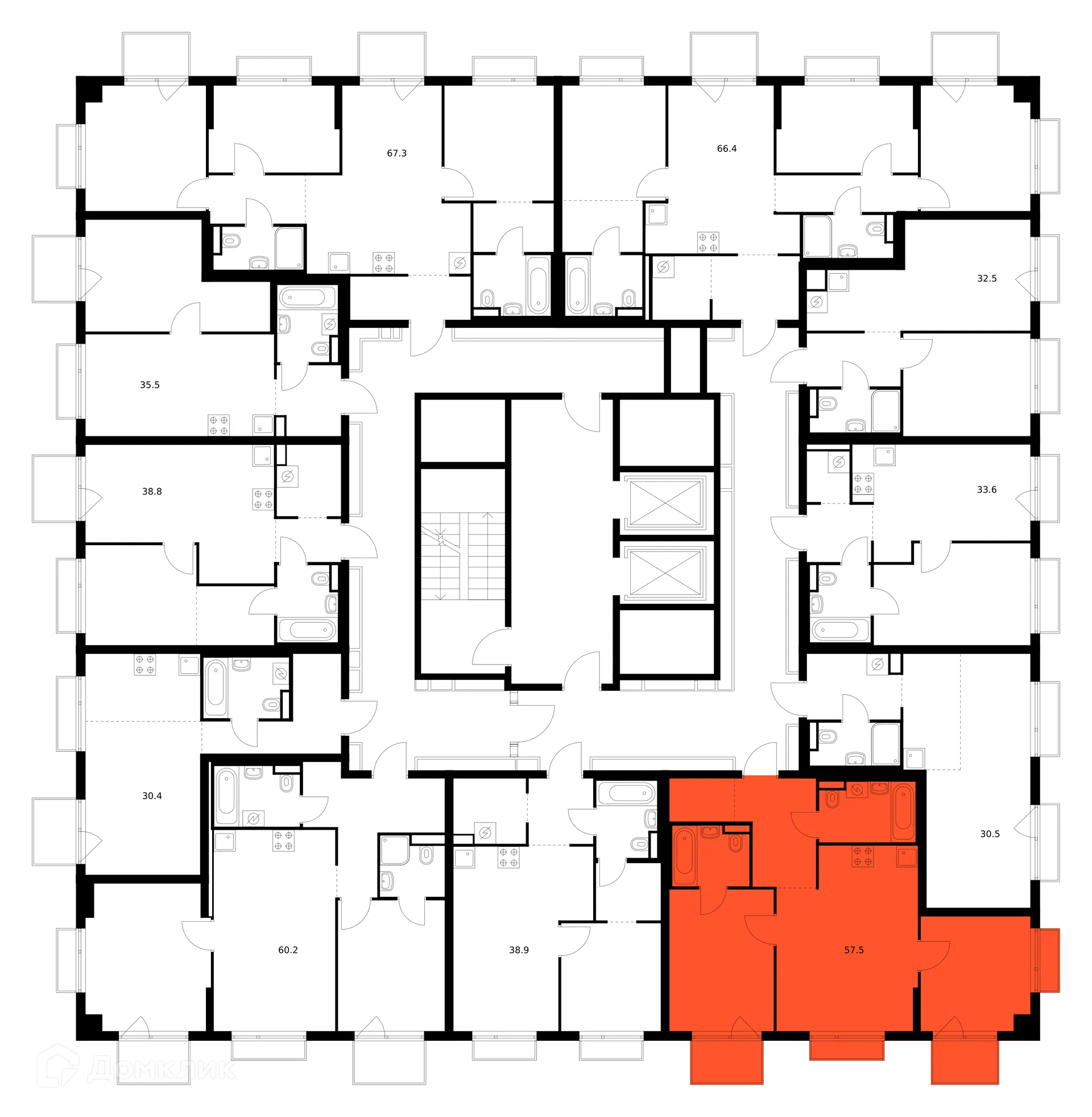 Планировка 2-комнатной квартиры 57.5 м² в ЖК Зелёный парк, г. Москва — фото 2