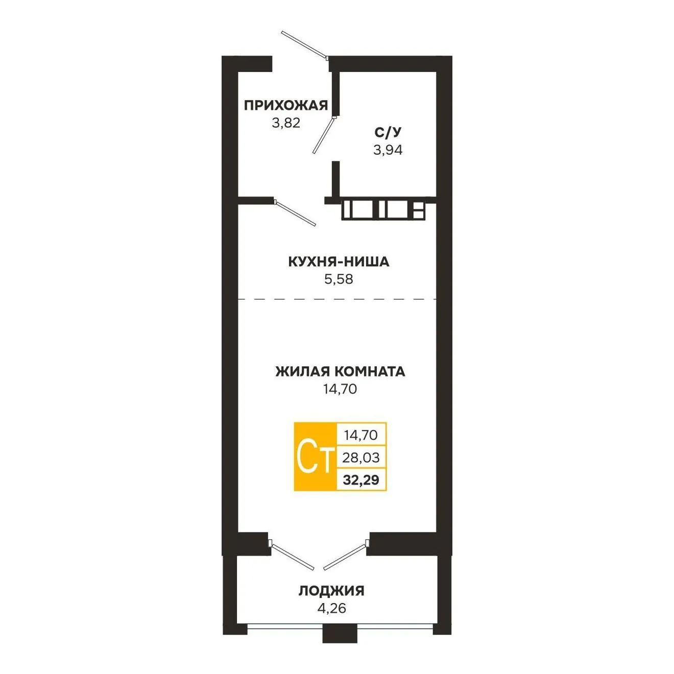 Планировка студии квартиры 32.29 м² в ЖК Ривер Парк, г. Рязань — фото 3