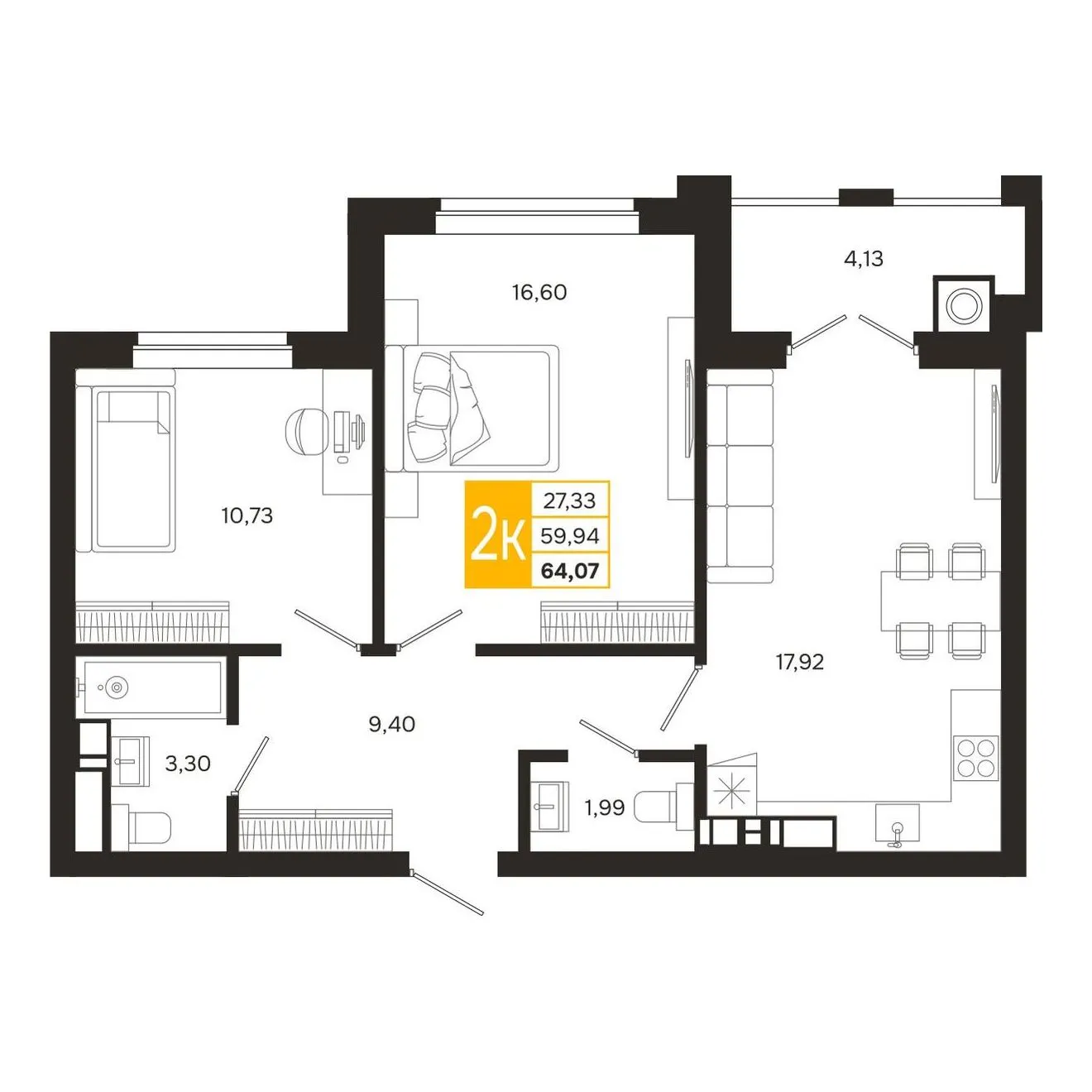 Планировка 2-комнатной квартиры 64.07 м² в ЖК Ривер Парк, г. Рязань — фото 6