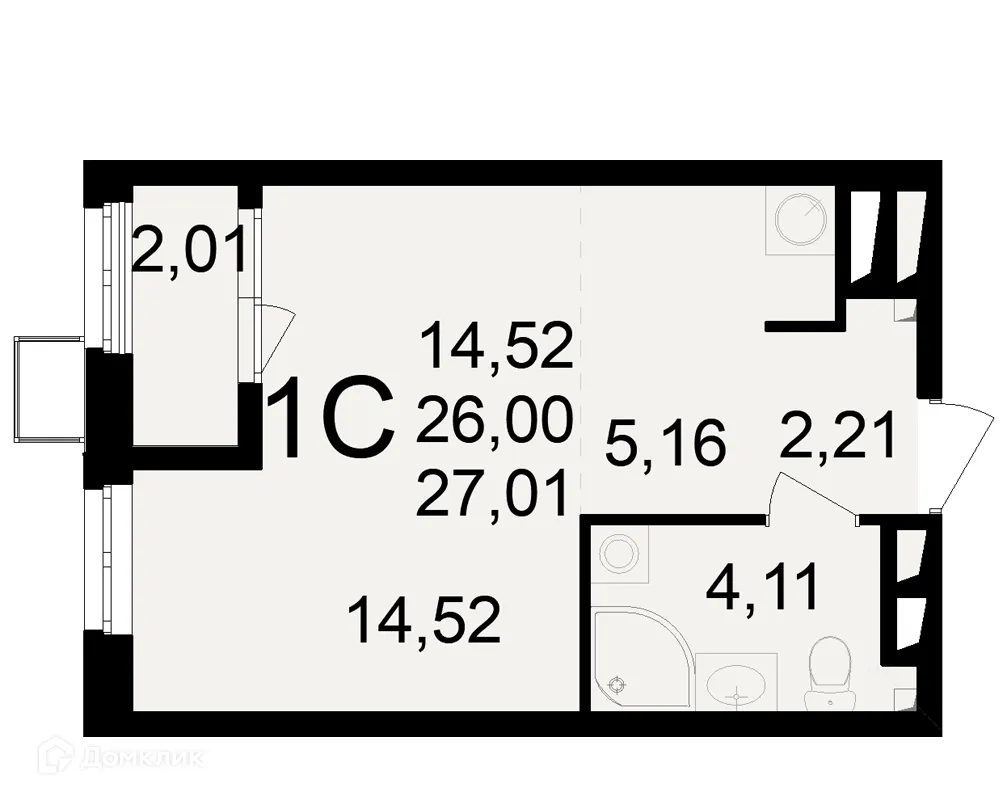 Планировка 1-комнатной квартиры 27.01 м² в ЖК Макроквартал "Свобода", г. Рязань — фото 1