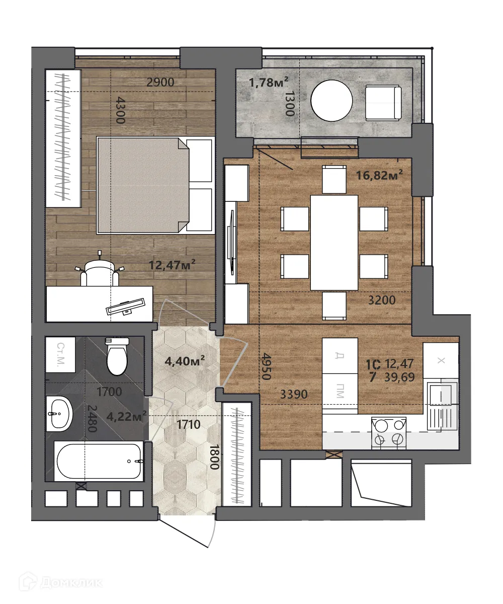 Планировка 1-комнатной квартиры 39.69 м² в ЖК Счастье II, г. Рязань — фото 1