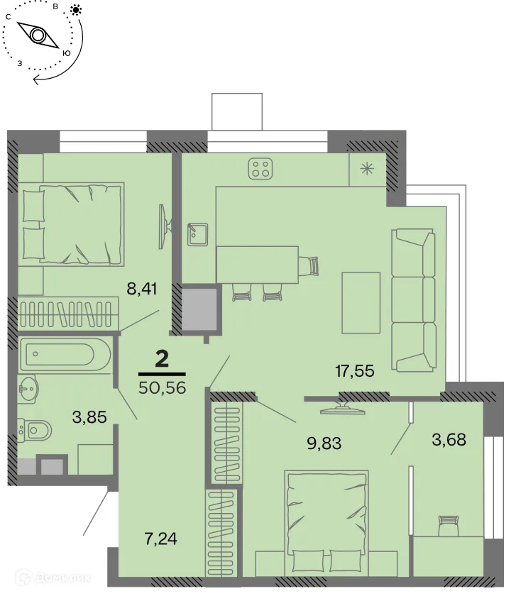 Планировка 2-комнатной квартиры 50.56 м² в Метропарк, г. Рязань — фото 1