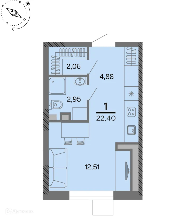 Планировка студии квартиры 22.4 м² в Метропарк, г. Рязань — фото 1