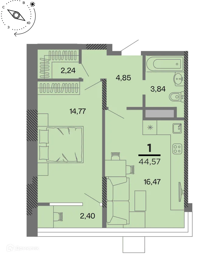 Планировка 1-комнатной квартиры 44.57 м² в Метропарк, г. Рязань — фото 1