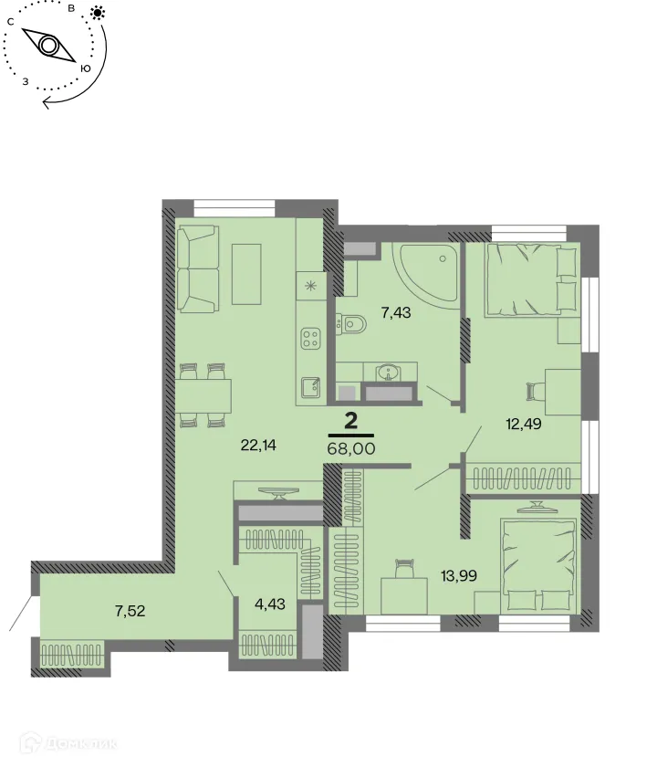Планировка 2-комнатной квартиры 68 м² в Метропарк, г. Рязань — фото 1