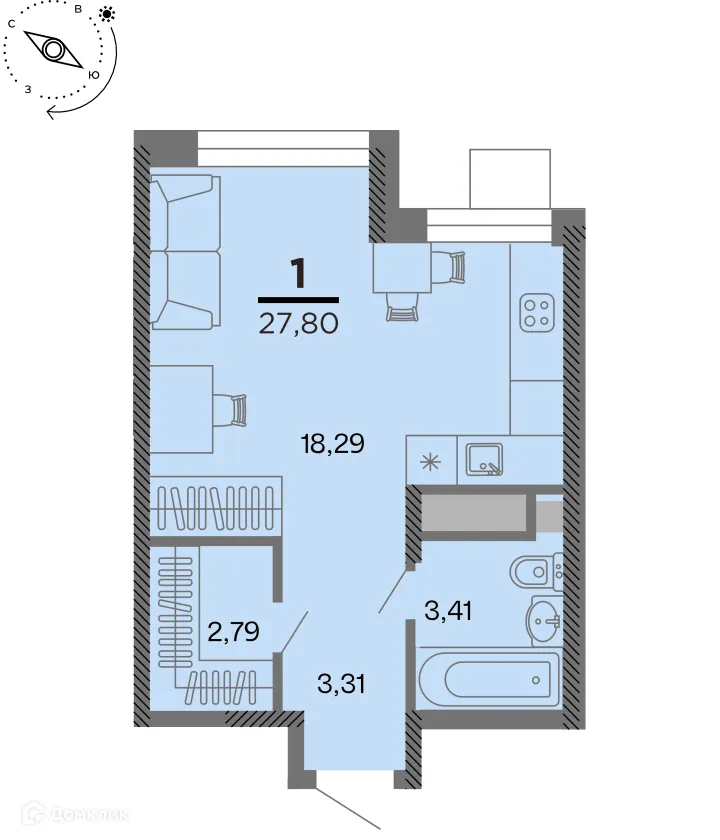 Планировка 1-комнатной квартиры 27.8 м² в Метропарк, г. Рязань — фото 1