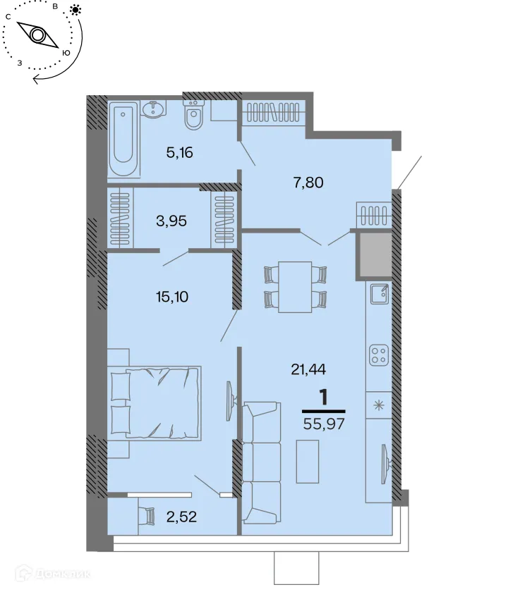 Планировка 1-комнатной квартиры 55.97 м² в Метропарк, г. Рязань — фото 1