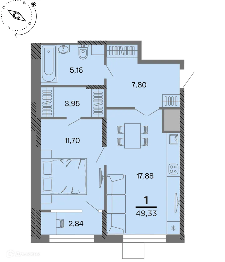 Планировка 1-комнатной квартиры 49.33 м² в Метропарк, г. Рязань — фото 1