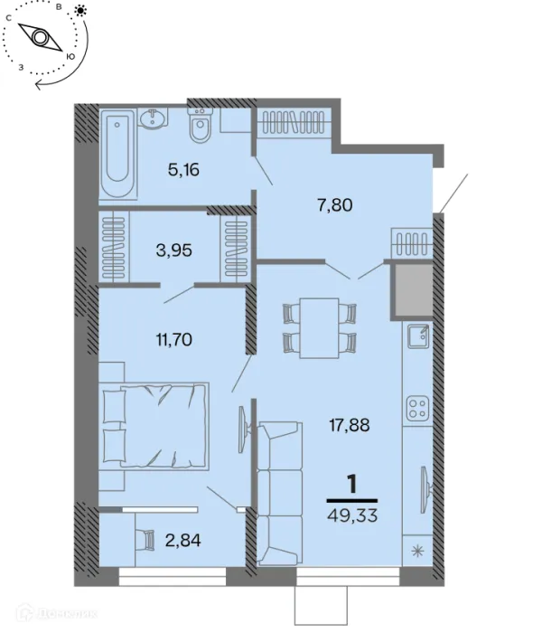Планировка 1 комн. в Метропарк