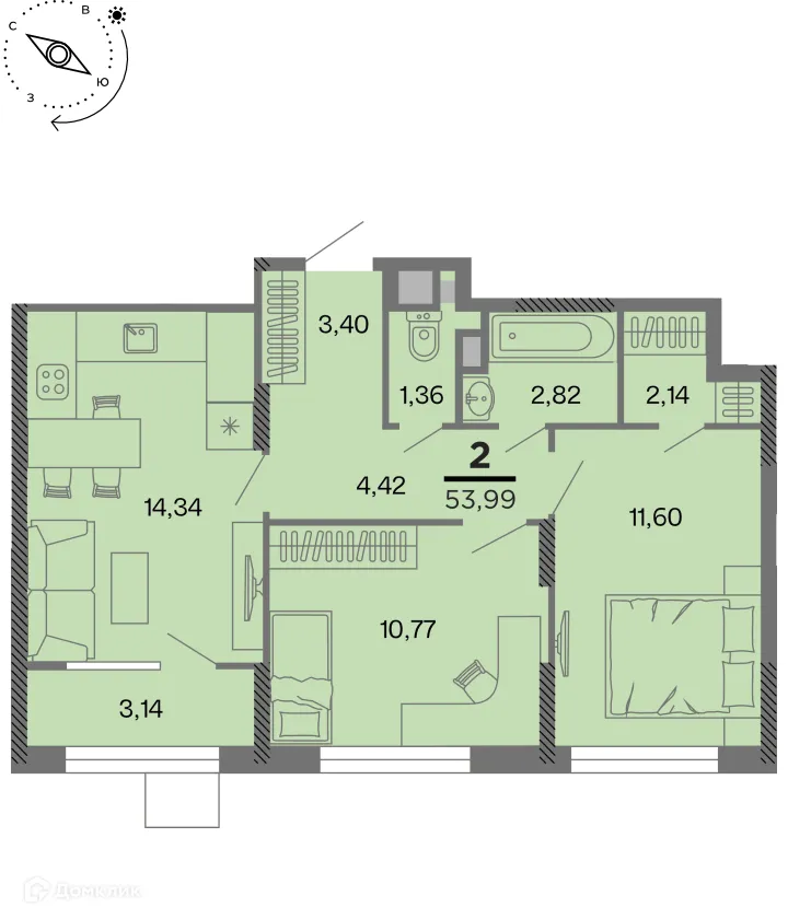 Планировка 2-комнатной квартиры 53.99 м² в Метропарк, г. Рязань — фото 1