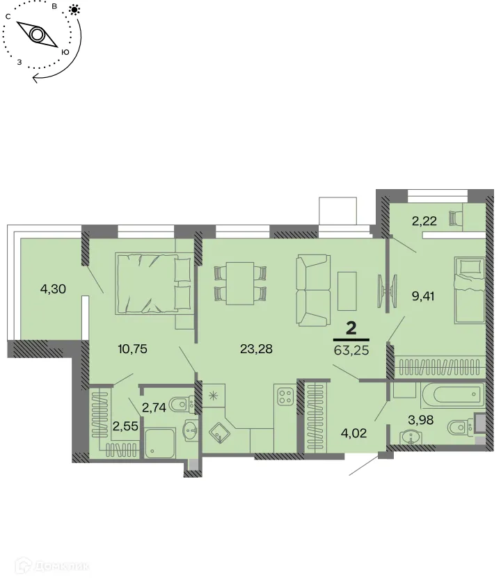 Планировка 2-комнатной квартиры 63.25 м² в Метропарк, г. Рязань — фото 1