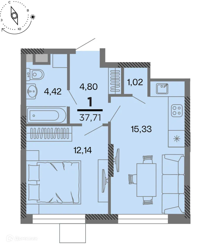 Планировка 1-комнатной квартиры 37.71 м² в Метропарк, г. Рязань — фото 1