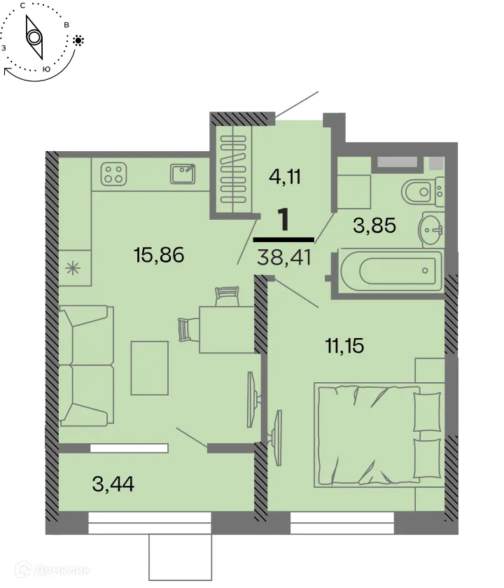 Планировка 1-комнатной квартиры 38.41 м² в Метропарк, г. Рязань — фото 1