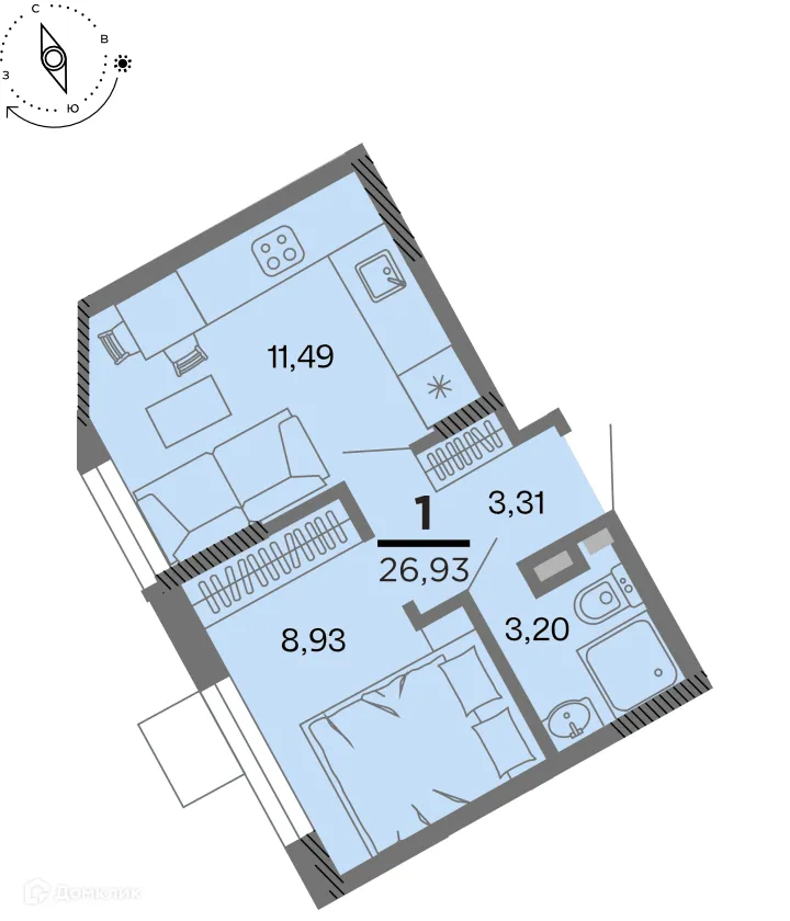 Планировка 1-комнатной квартиры 26.93 м² в Метропарк, г. Рязань — фото 1