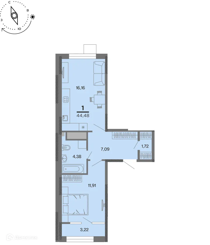 Планировка 1-комнатной квартиры 44.48 м² в Метропарк, г. Рязань — фото 1