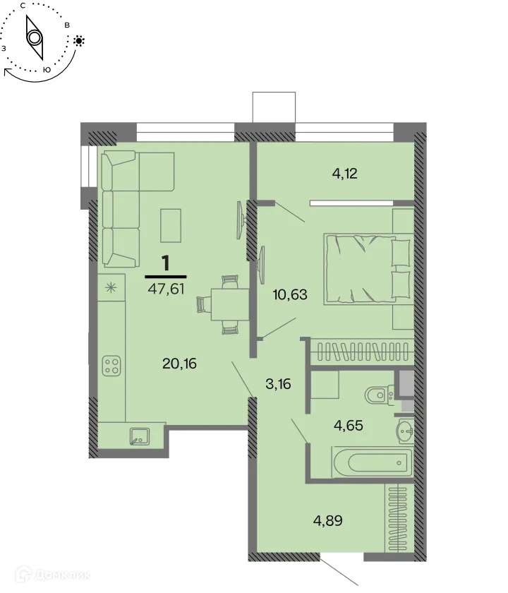 Планировка 1-комнатной квартиры 47.61 м² в Метропарк, г. Рязань — фото 1