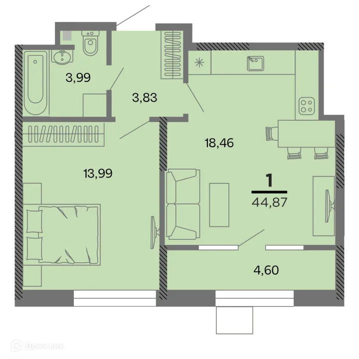 Планировка 1-комнатной квартиры 44.87 м² в Метропарк, г. Рязань — фото 1