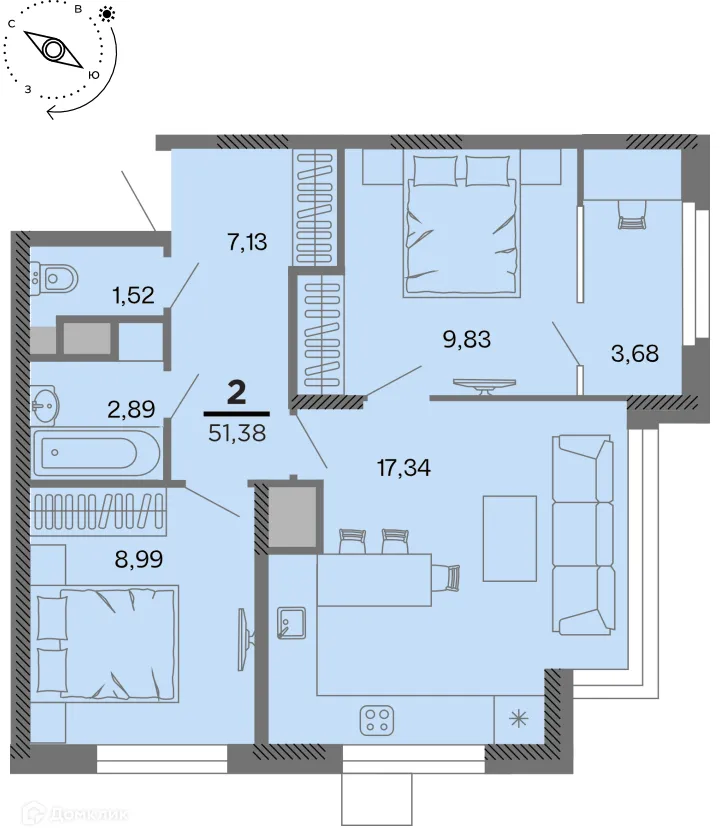 Планировка 2-комнатной квартиры 51.38 м² в Метропарк, г. Рязань — фото 1