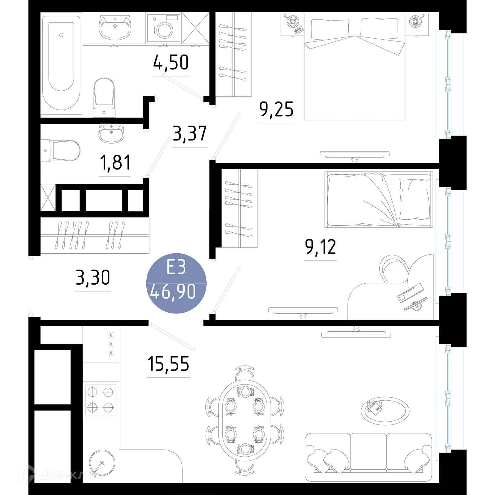 Планировка 2-комнатной квартиры 46.9 м² в Живи, г. Рязань — фото 1