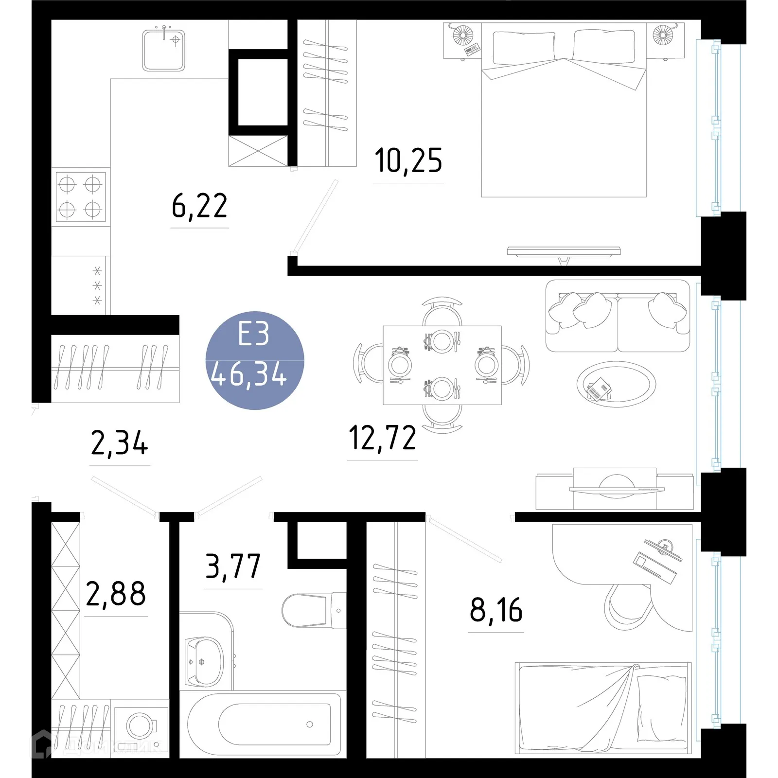 Планировка 2-комнатной квартиры 46.34 м² в Живи, г. Рязань — фото 1