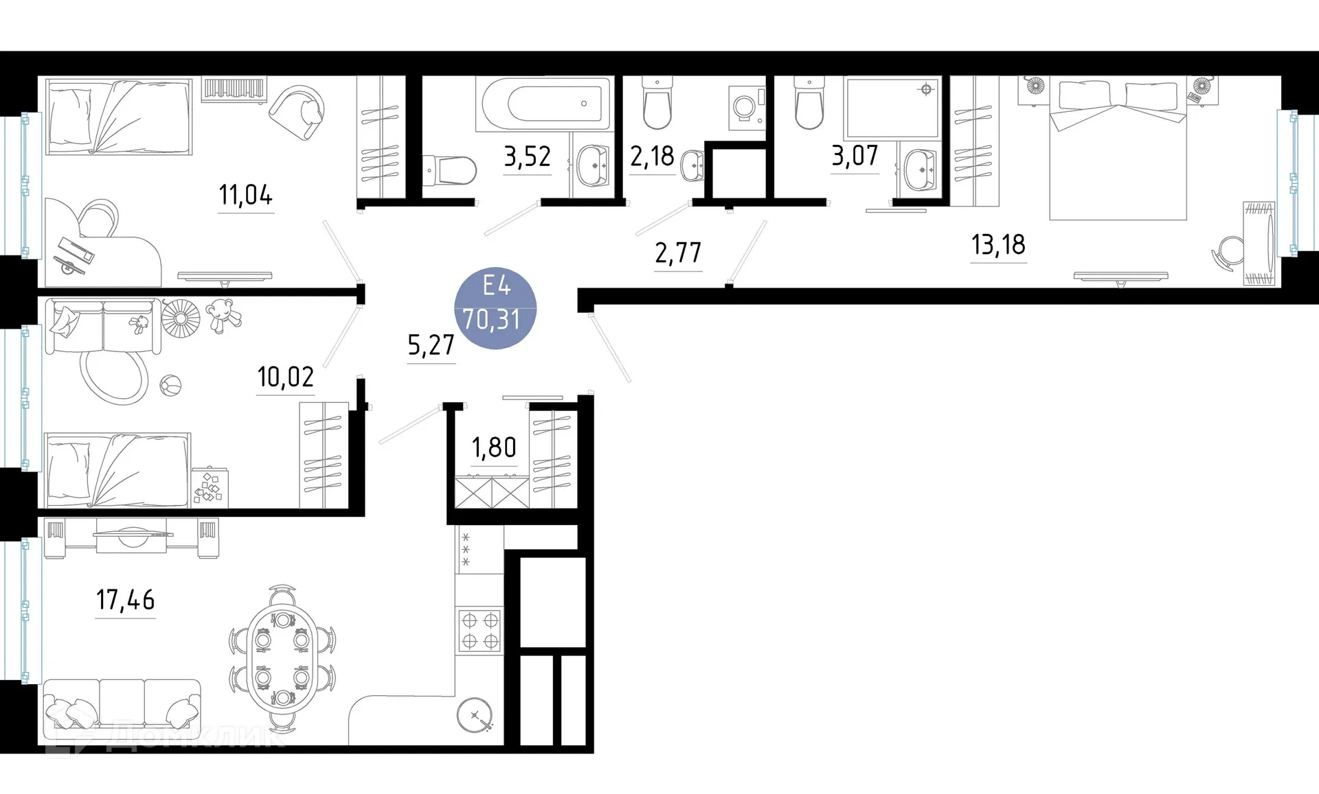 Планировка 3-комнатной квартиры 70.31 м² в Живи, г. Рязань — фото 1