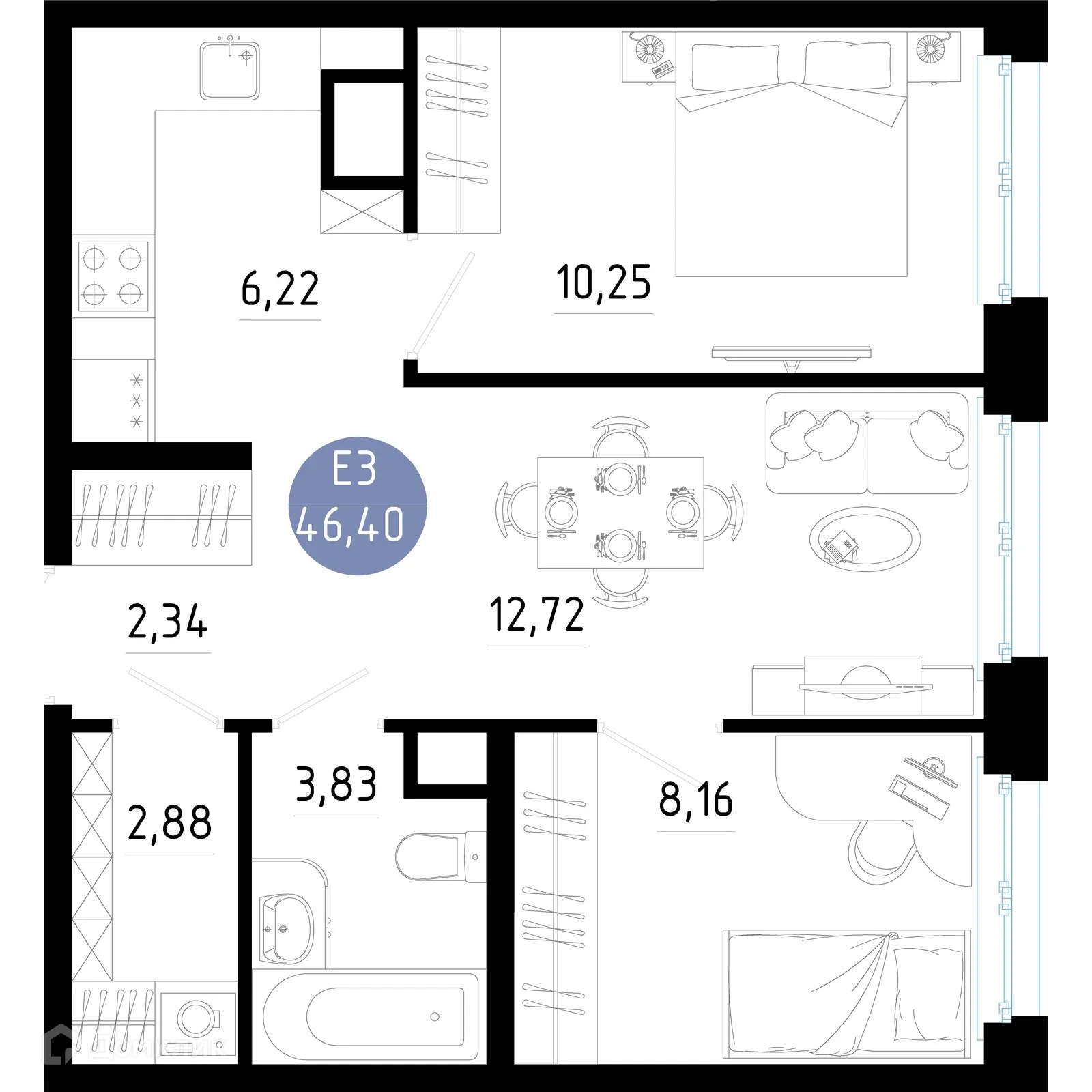 Планировка 2-комнатной квартиры 46.4 м² в Живи, г. Рязань — фото 1