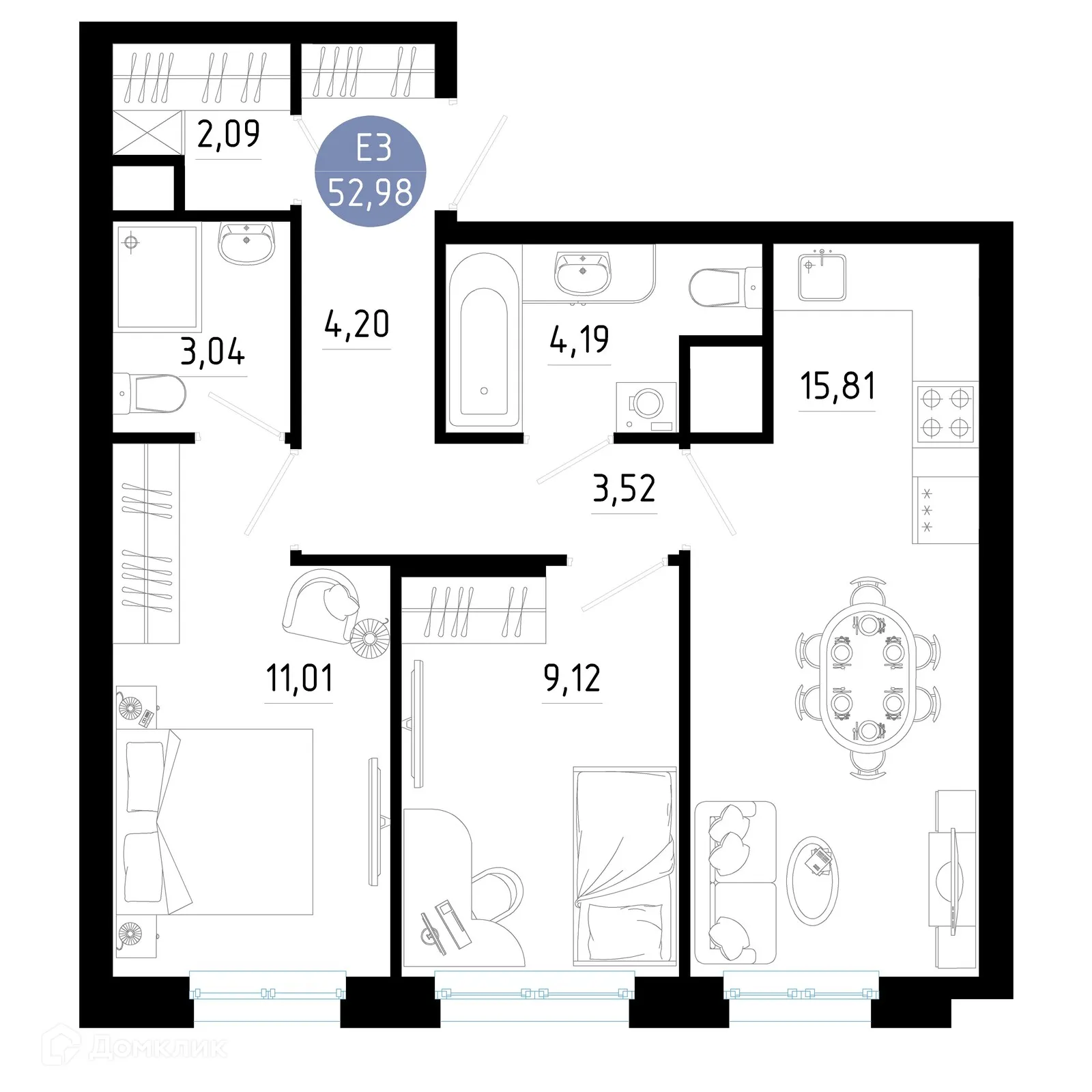 Планировка 2-комнатной квартиры 52.98 м² в Живи, г. Рязань — фото 1