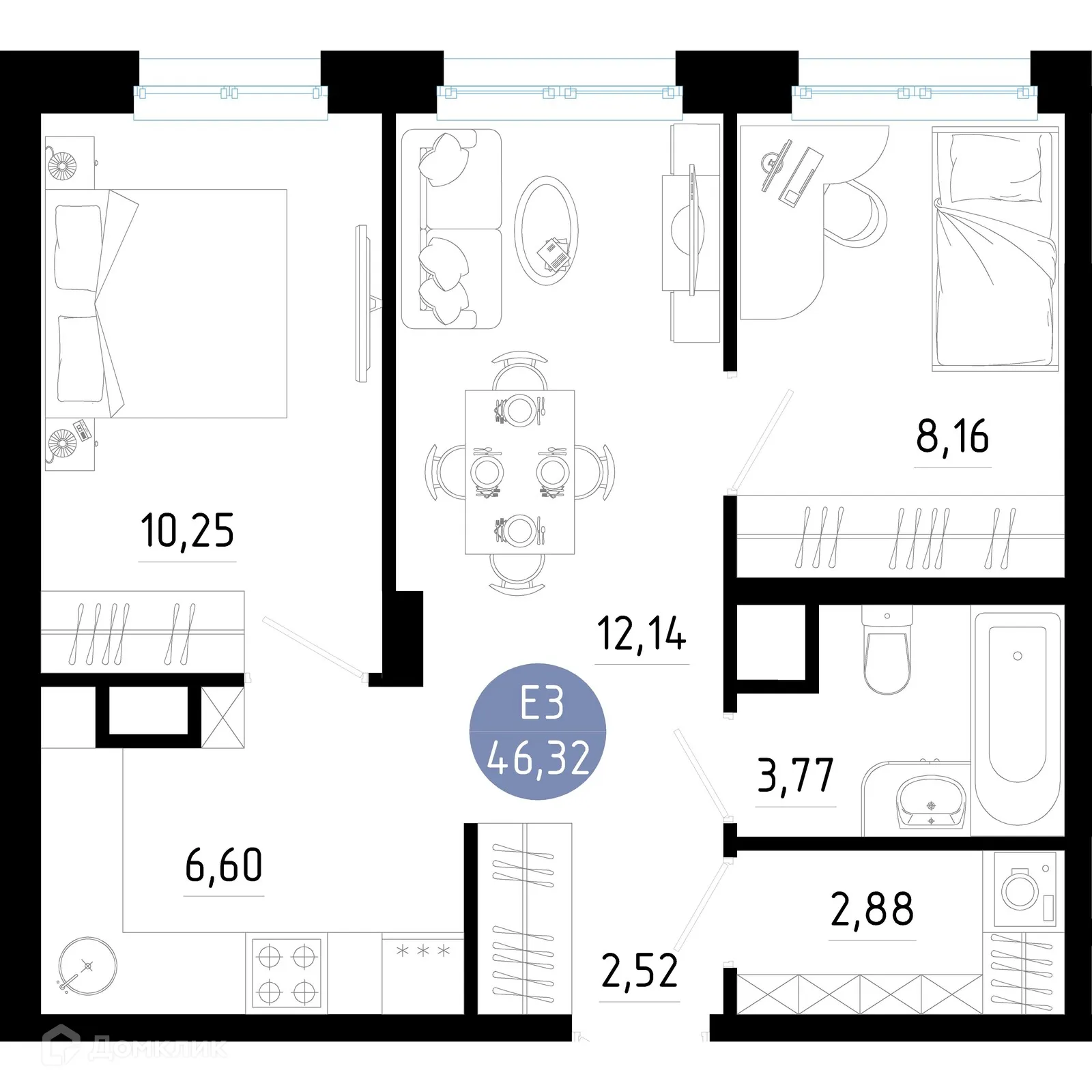 Планировка 2-комнатной квартиры 46.32 м² в Живи, г. Рязань — фото 1