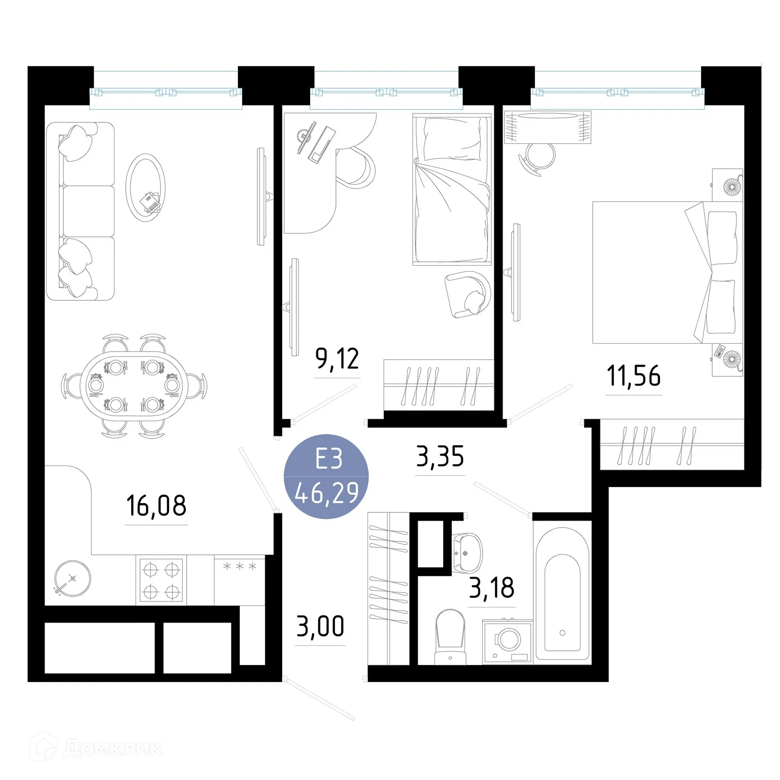 Планировка 2-комнатной квартиры 46.29 м² в Живи, г. Рязань — фото 1