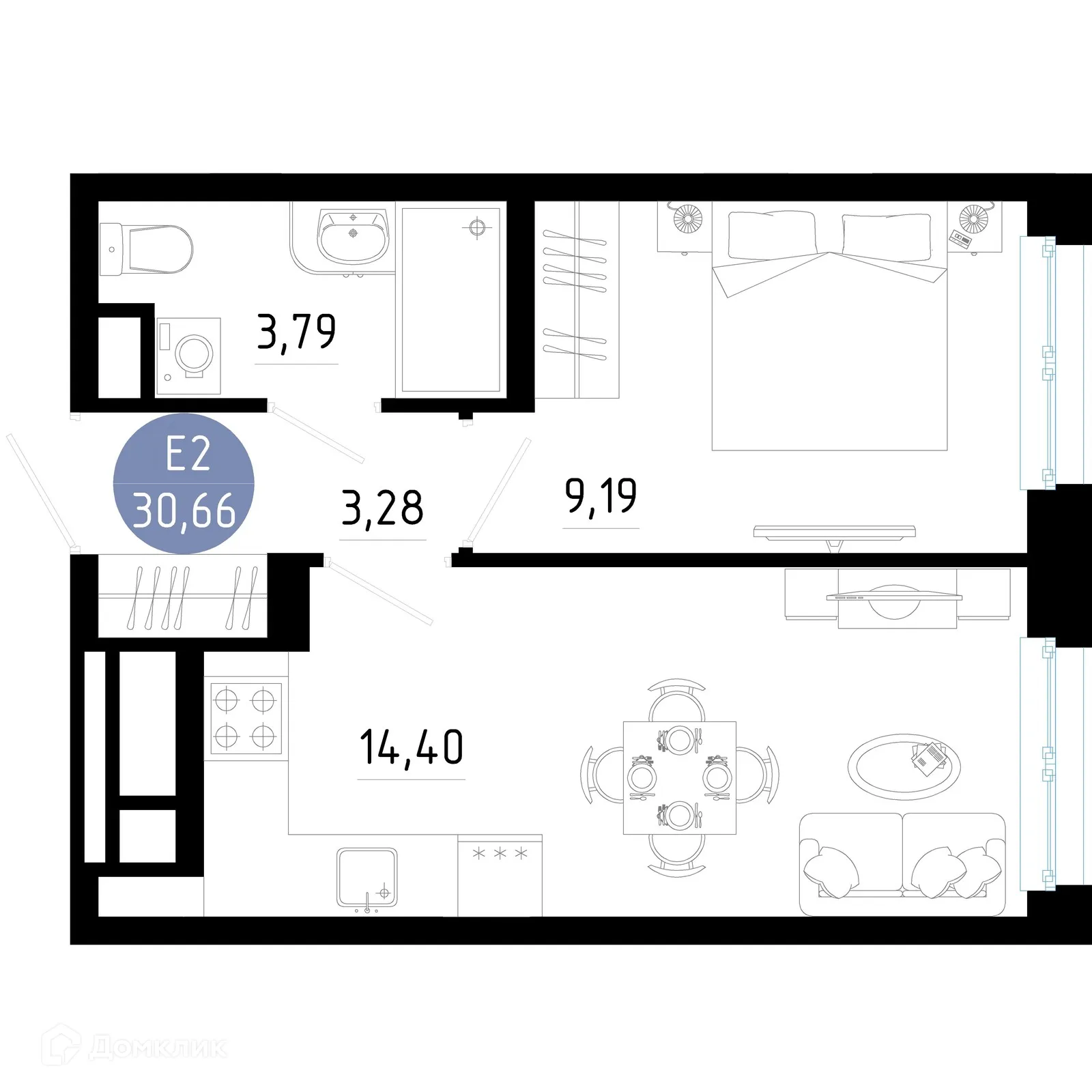 Планировка 1-комнатной квартиры 30.66 м² в Живи, г. Рязань — фото 1
