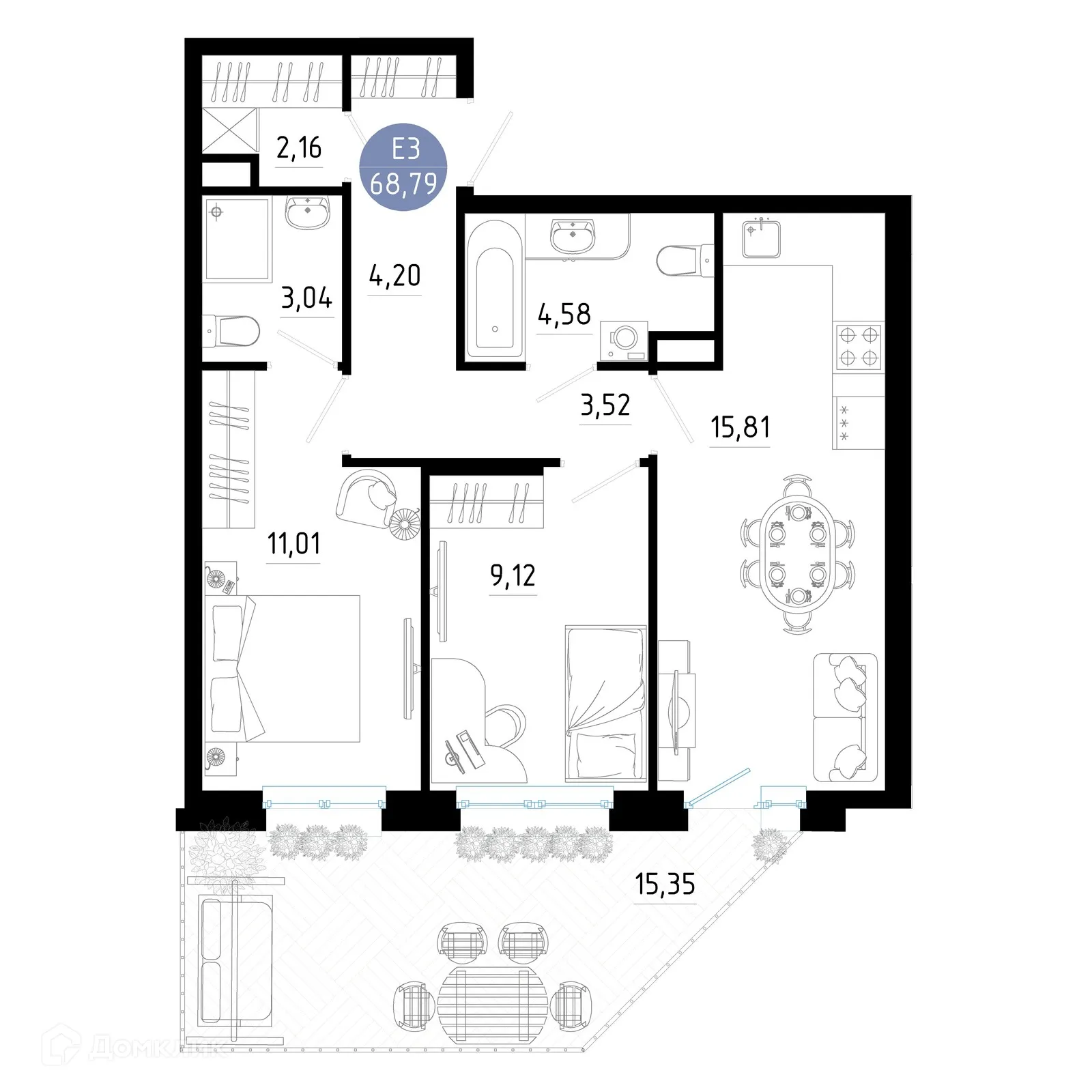 Планировка 2-комнатной квартиры 68.79 м² в Живи, г. Рязань — фото 1