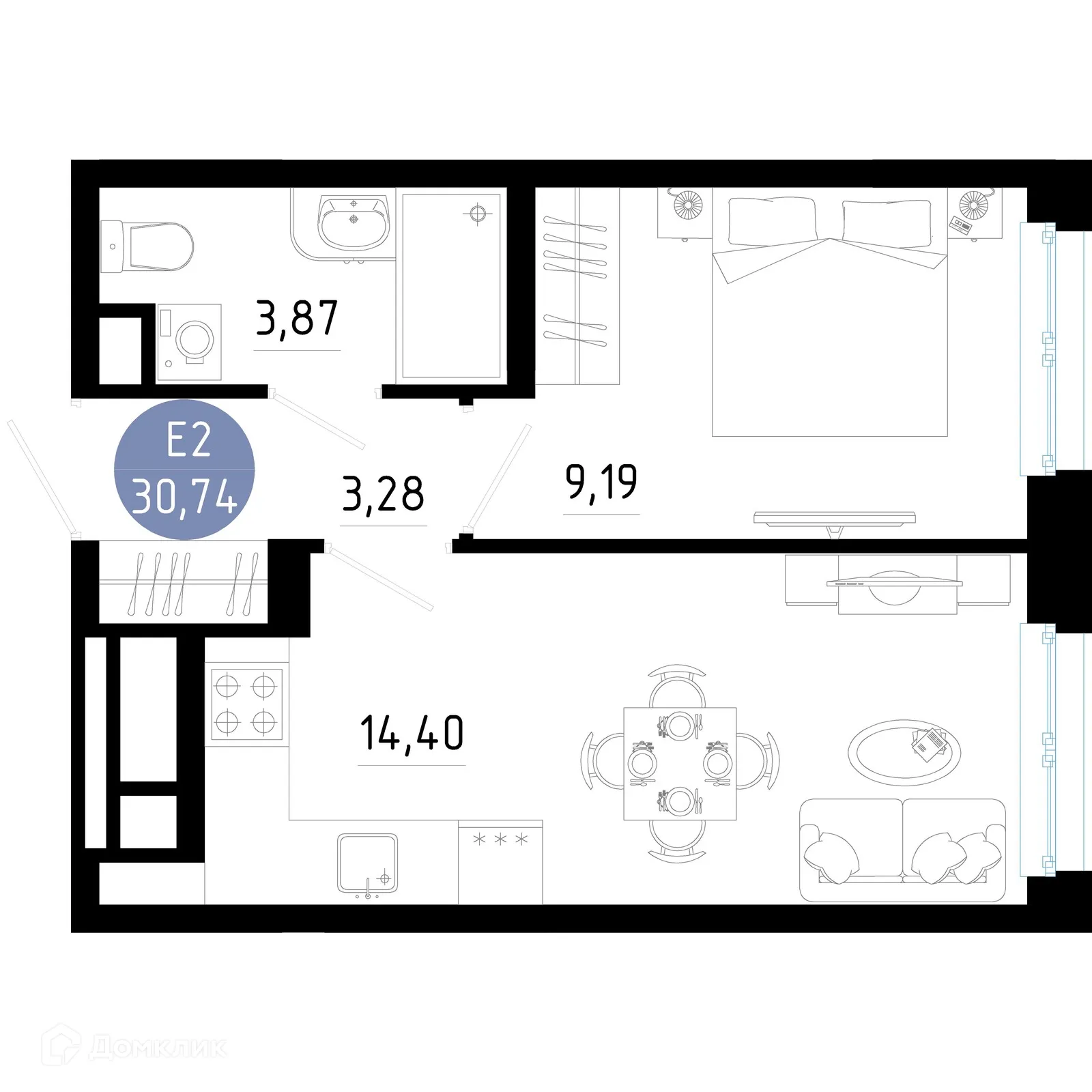 Планировка 1-комнатной квартиры 30.74 м² в Живи, г. Рязань — фото 1