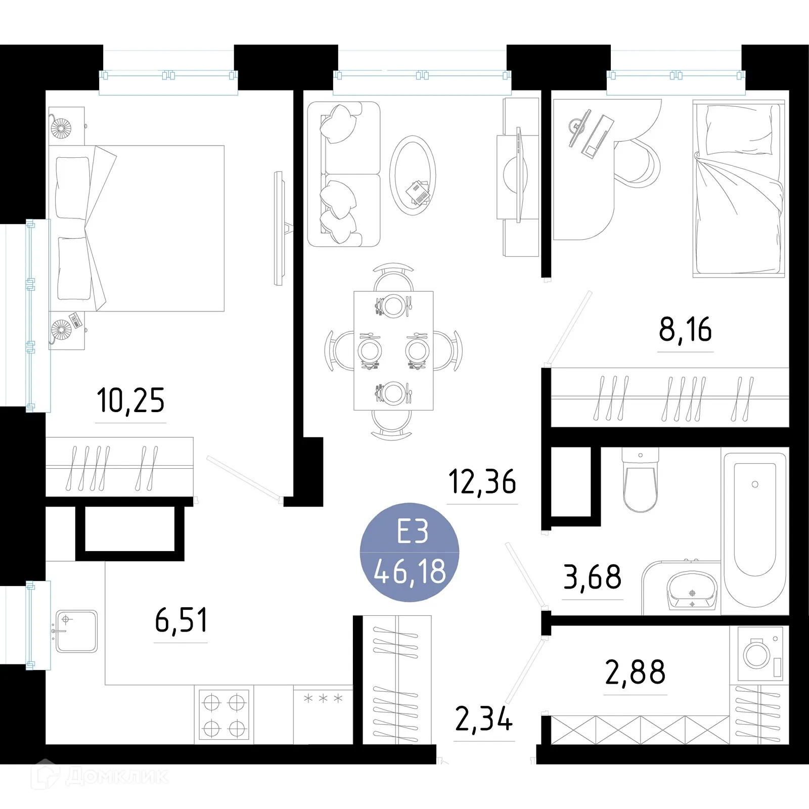 Планировка 2-комнатной квартиры 46.18 м² в Живи, г. Рязань — фото 1