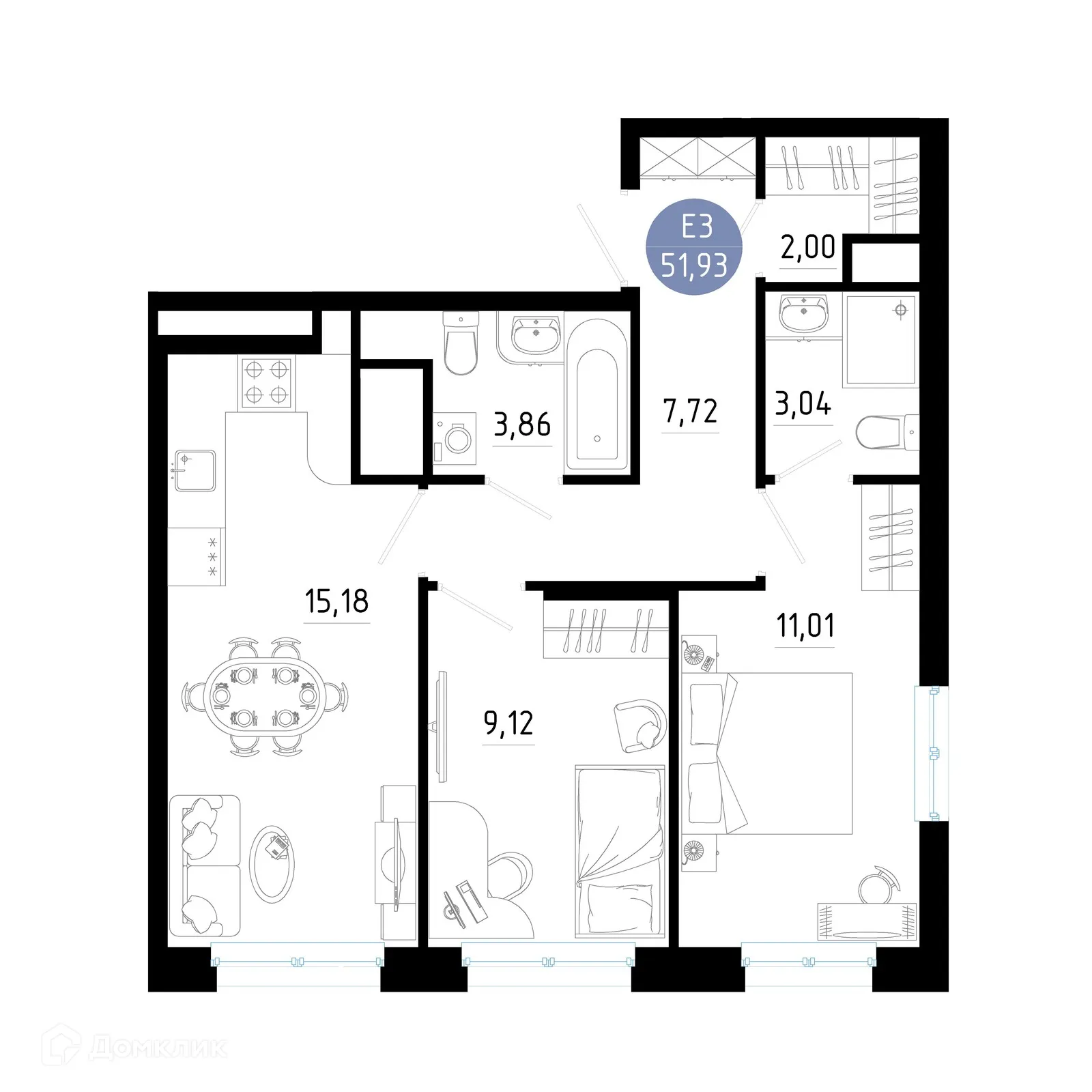 Планировка 2-комнатной квартиры 51.93 м² в Живи, г. Рязань — фото 1