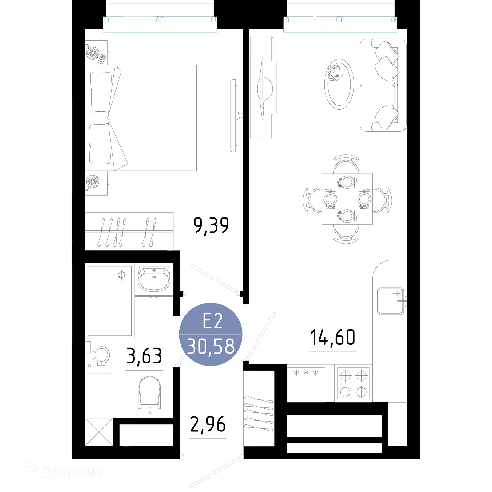 Планировка 1-комнатной квартиры 30.58 м² в Живи, г. Рязань — фото 1
