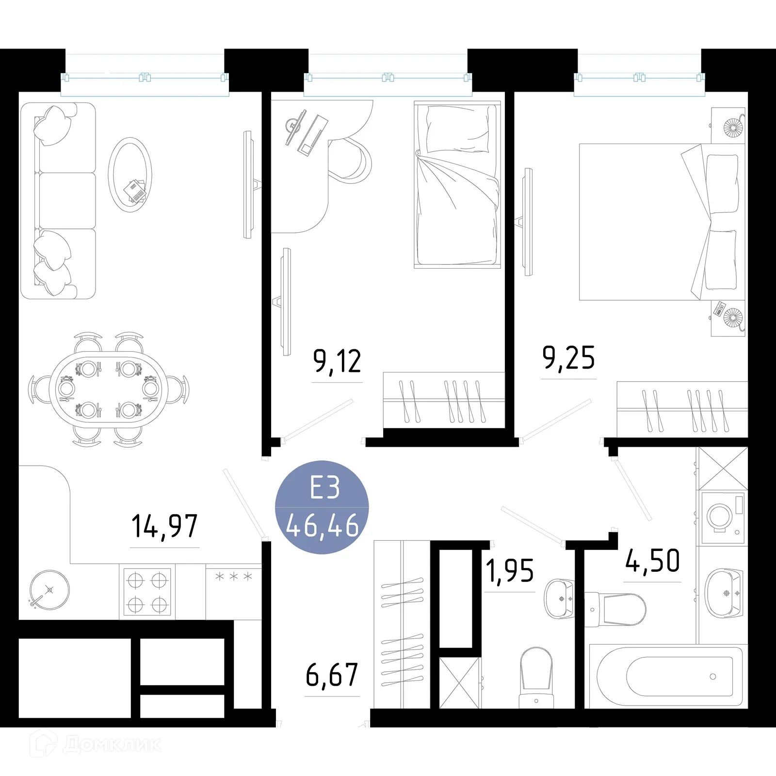 Планировка 2-комнатной квартиры 46.46 м² в Живи, г. Рязань — фото 1