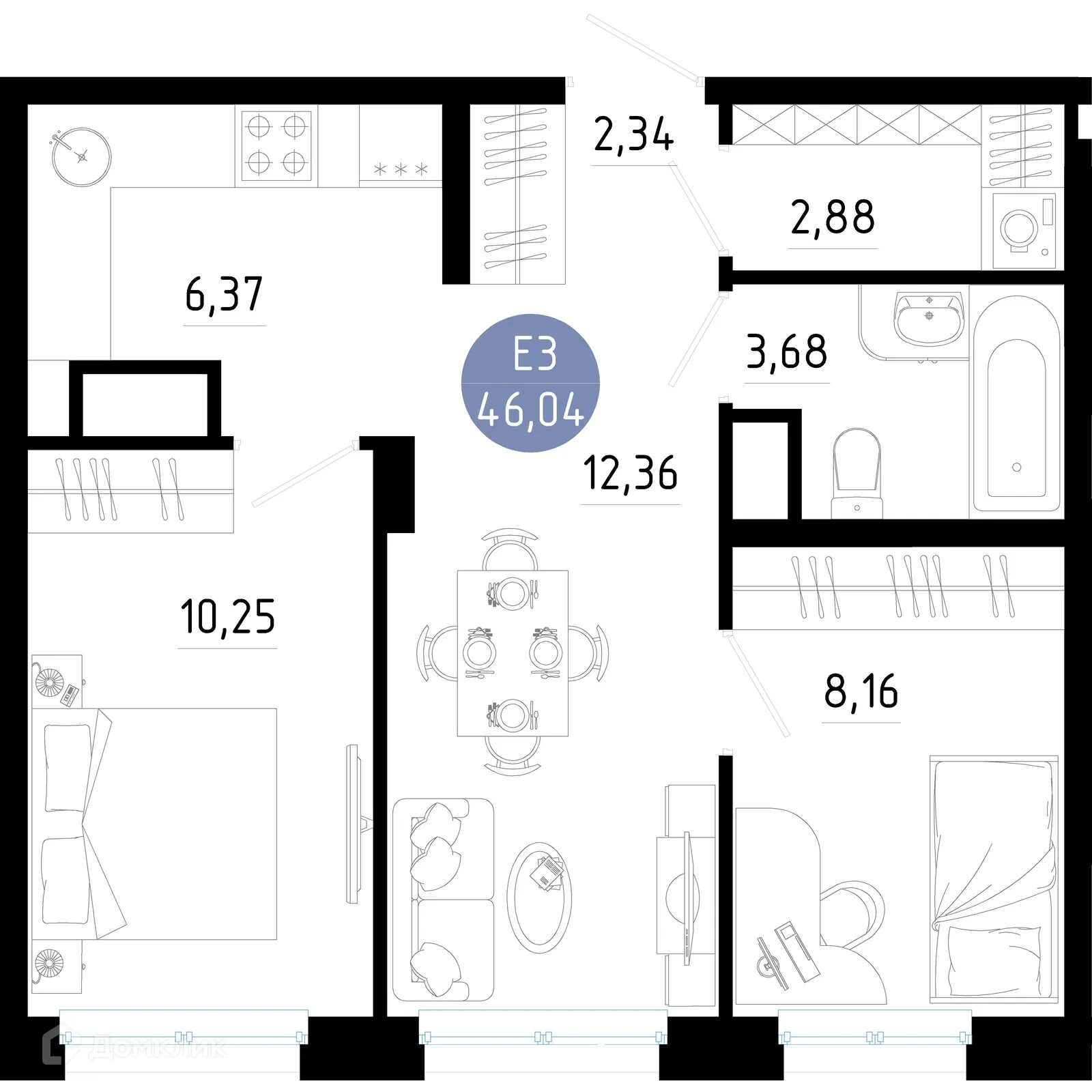 Планировка 2-комнатной квартиры 46.04 м² в Живи, г. Рязань — фото 1