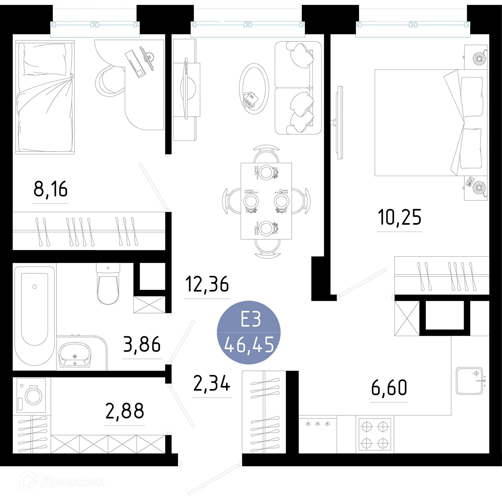 Планировка 2-комнатной квартиры 46.45 м² в Живи, г. Рязань — фото 1